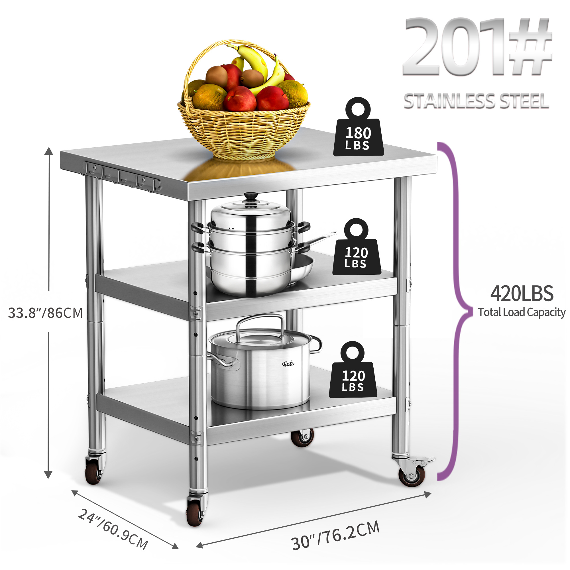 30″/36″/48″ Stainless Steel Table Work Table Metal Table Prep Table w/Overshelf