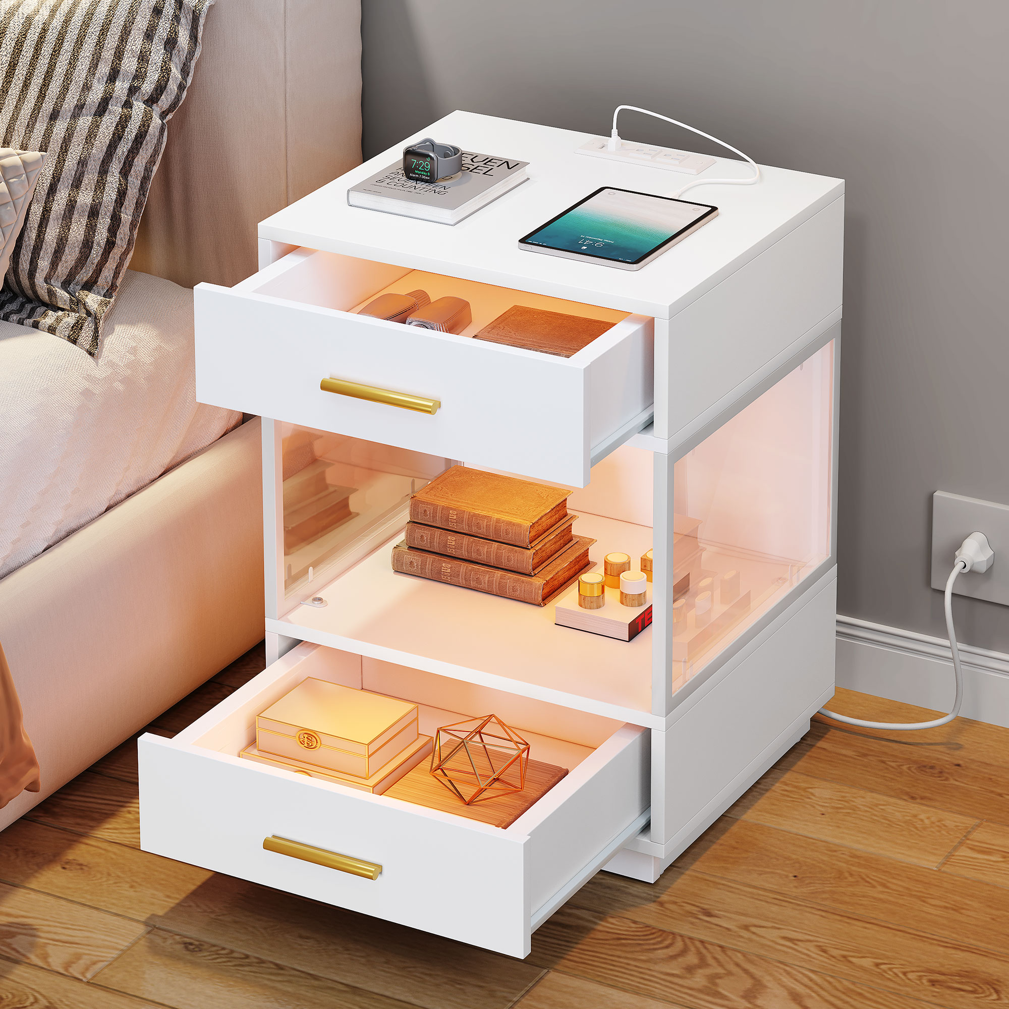 Nightstand with Drawer, LED Nightstand, Nightstand with Charging Station; Nightstand in White, Bedroom, Nightstand with Storage