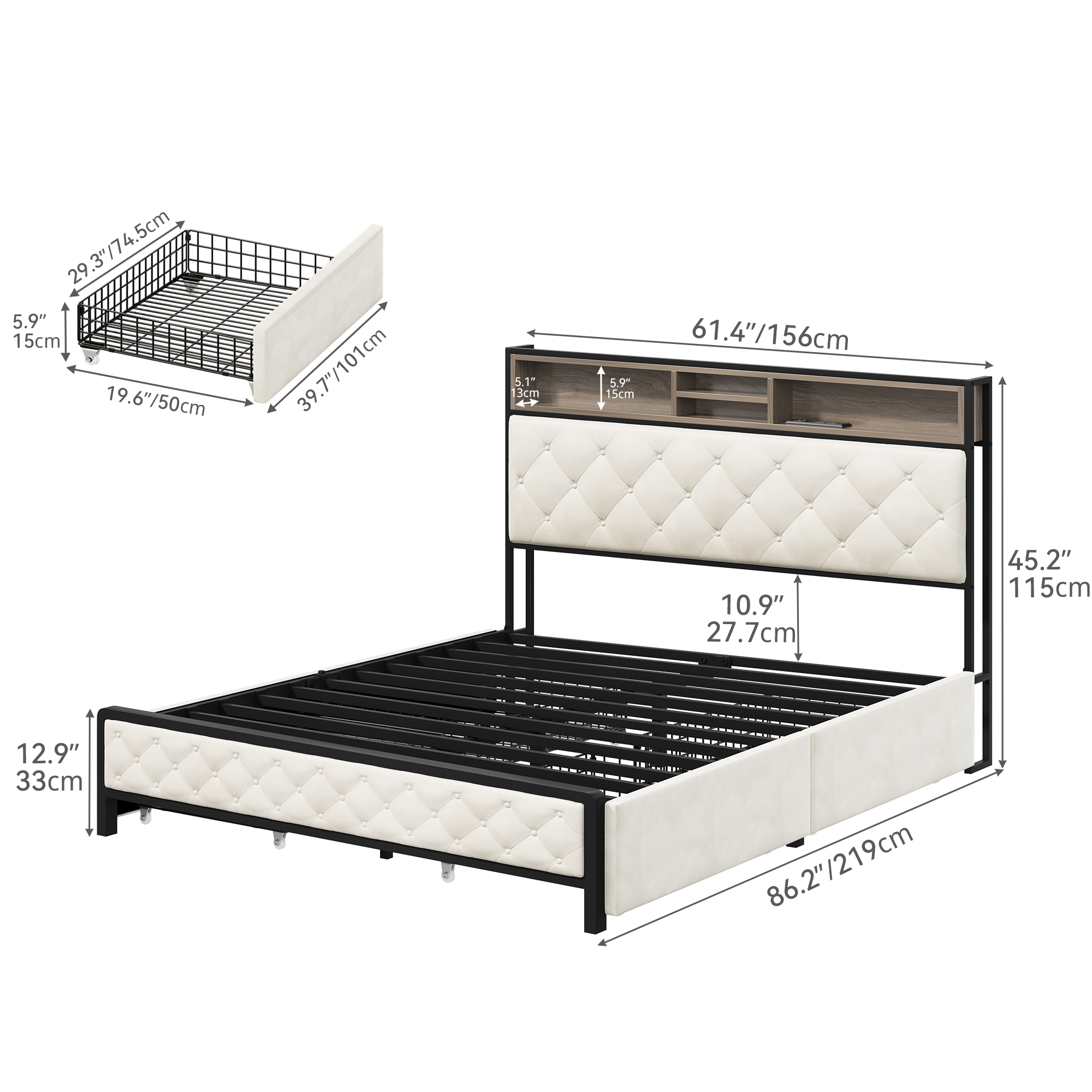 King/Queen Bed Frame Storage Platform w/Charging Station+Upholstered Headboard - Picture 9 of 9