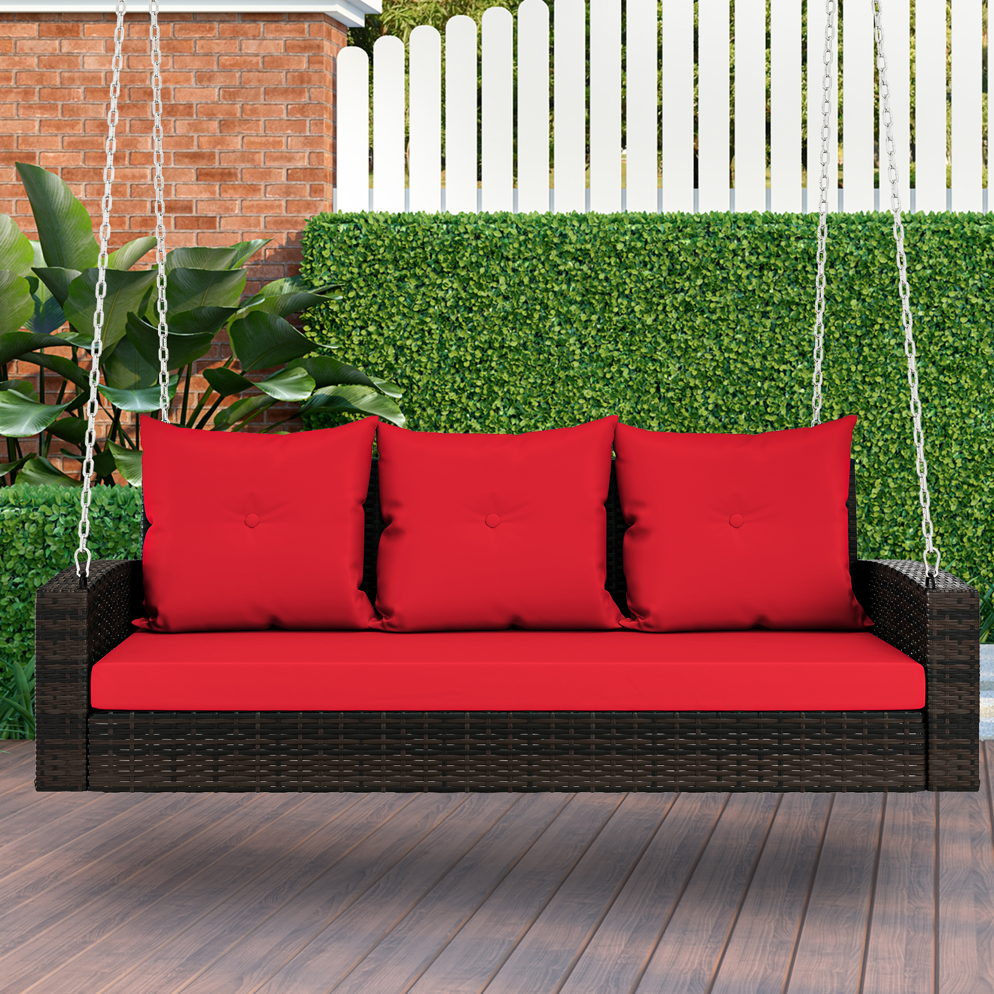 3-Seats Hanging Porch Swing Chair Wicker Lounge Rattan Patio Swing w/Cushions - Picture 10 of 14