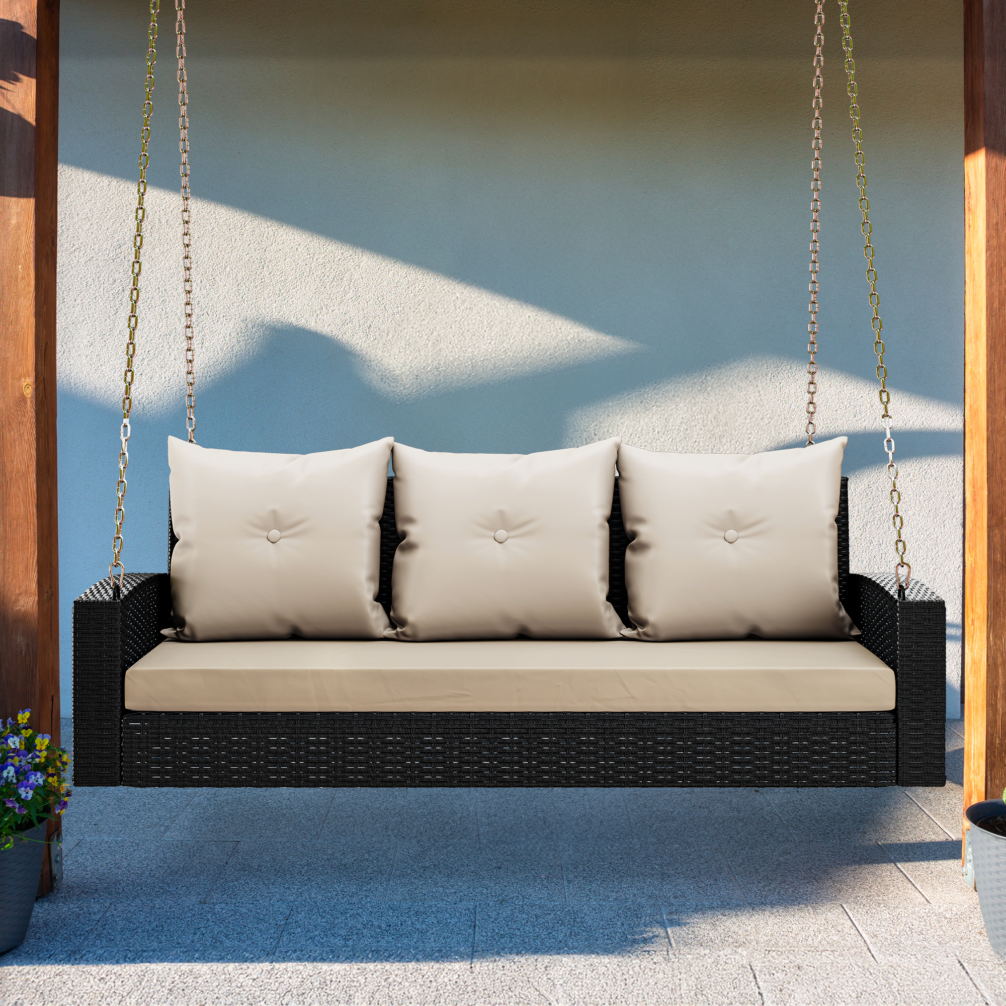 3-Seats Hanging Porch Swing Chair Wicker Lounge Rattan Patio Swing w/Cushions - Picture 13 of 14