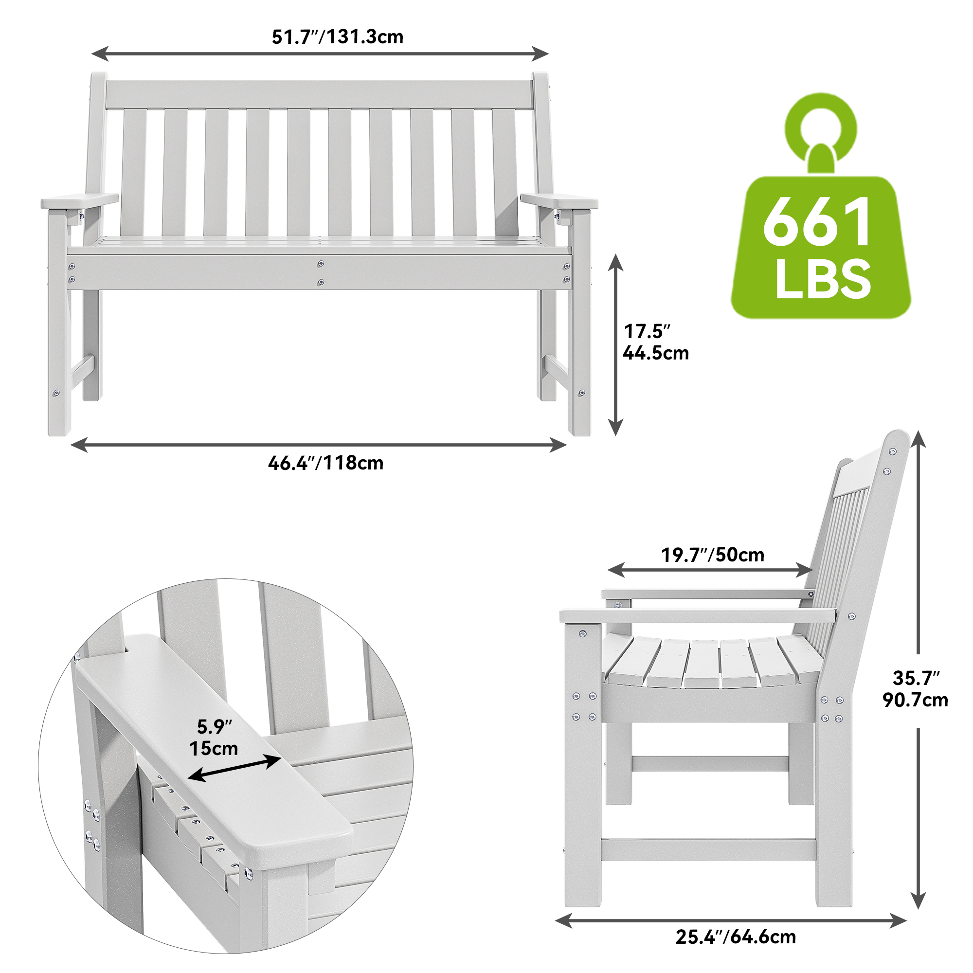 TAUS Garden Bench 2-Person Patio Bench All Weather Outdoor Bench for Park, Porch - Picture 16 of 18