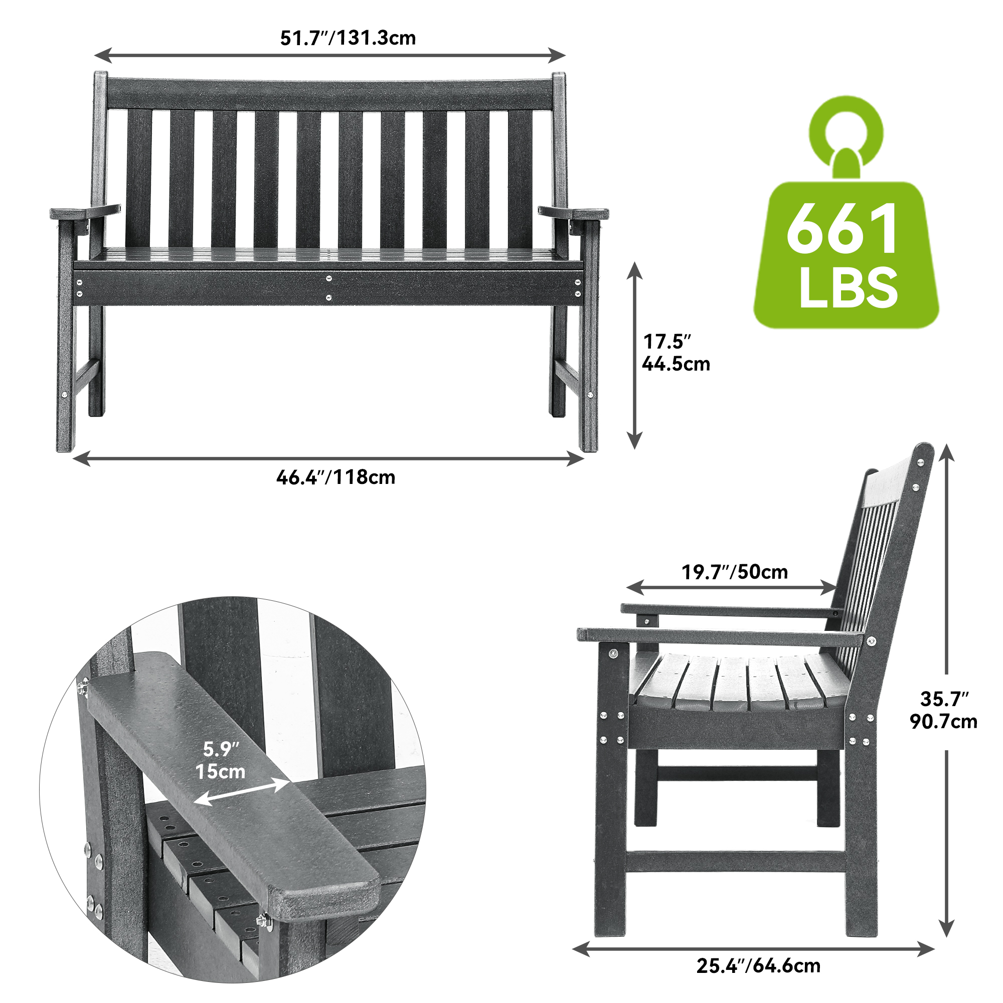 TAUS Garden Bench 2-Person Patio Bench All Weather Outdoor Bench for Park, Porch - Picture 14 of 18