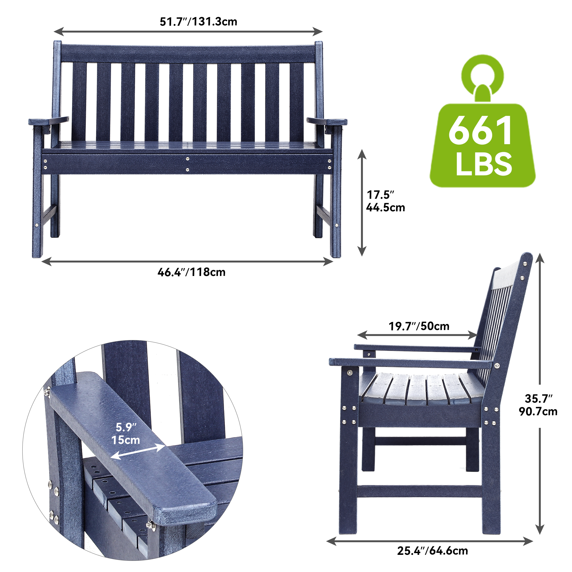TAUS Garden Bench 2-Person Patio Bench All Weather Outdoor Bench for Park, Porch - Picture 18 of 18