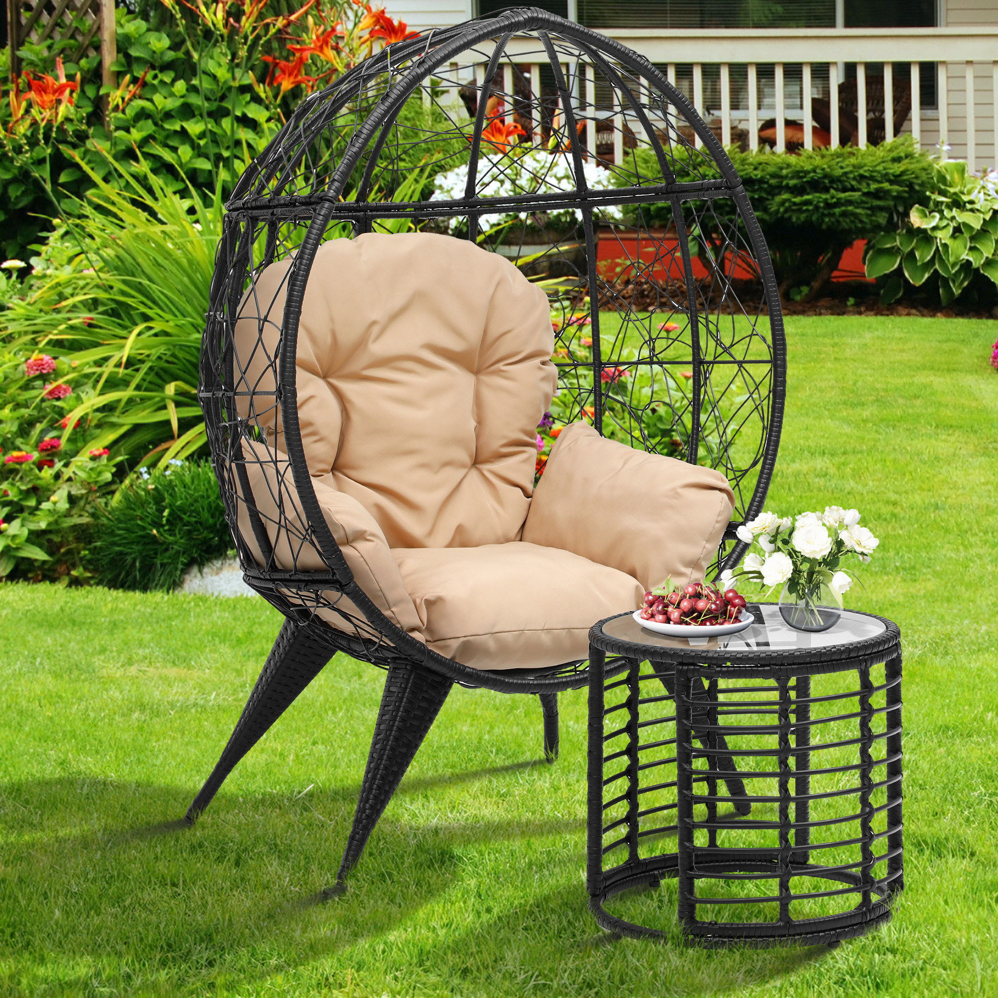 Egg Chair Outdoor Egg Lounge Chair PE Rattan Patio Chair Table w/ Cushion Wicker