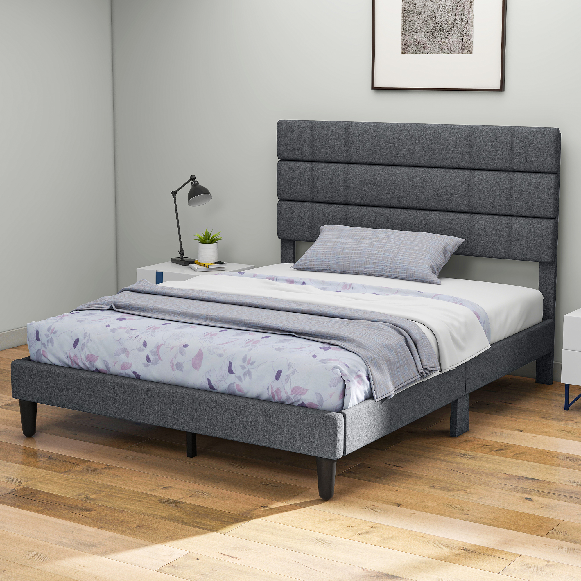 King/Queen Bed Frame Linen Fabric Upholstered Platform with Headboard Beige Grey - Picture 10 of 13