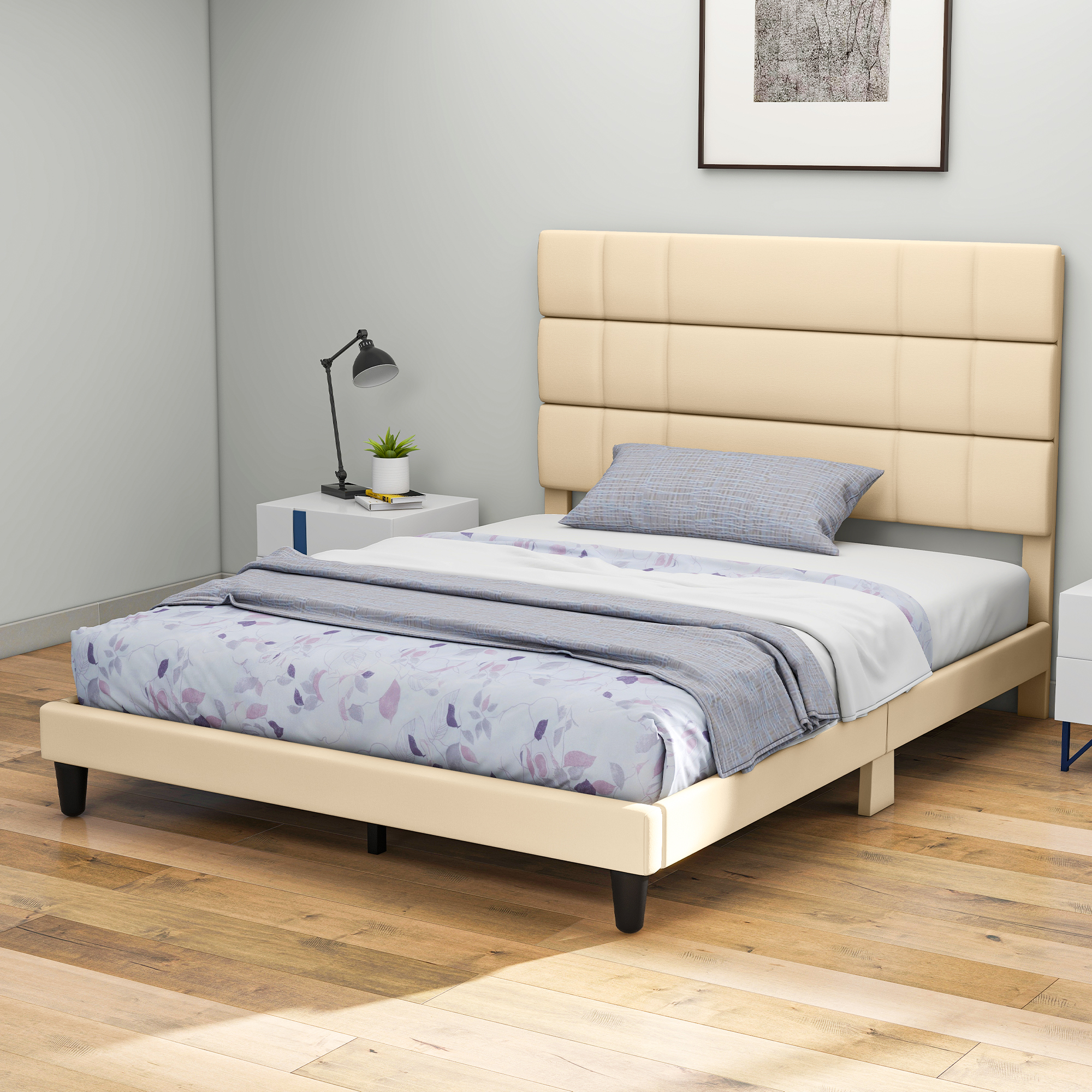 King/Queen Bed Frame Linen Fabric Upholstered Platform with Headboard Beige Grey - Picture 12 of 13