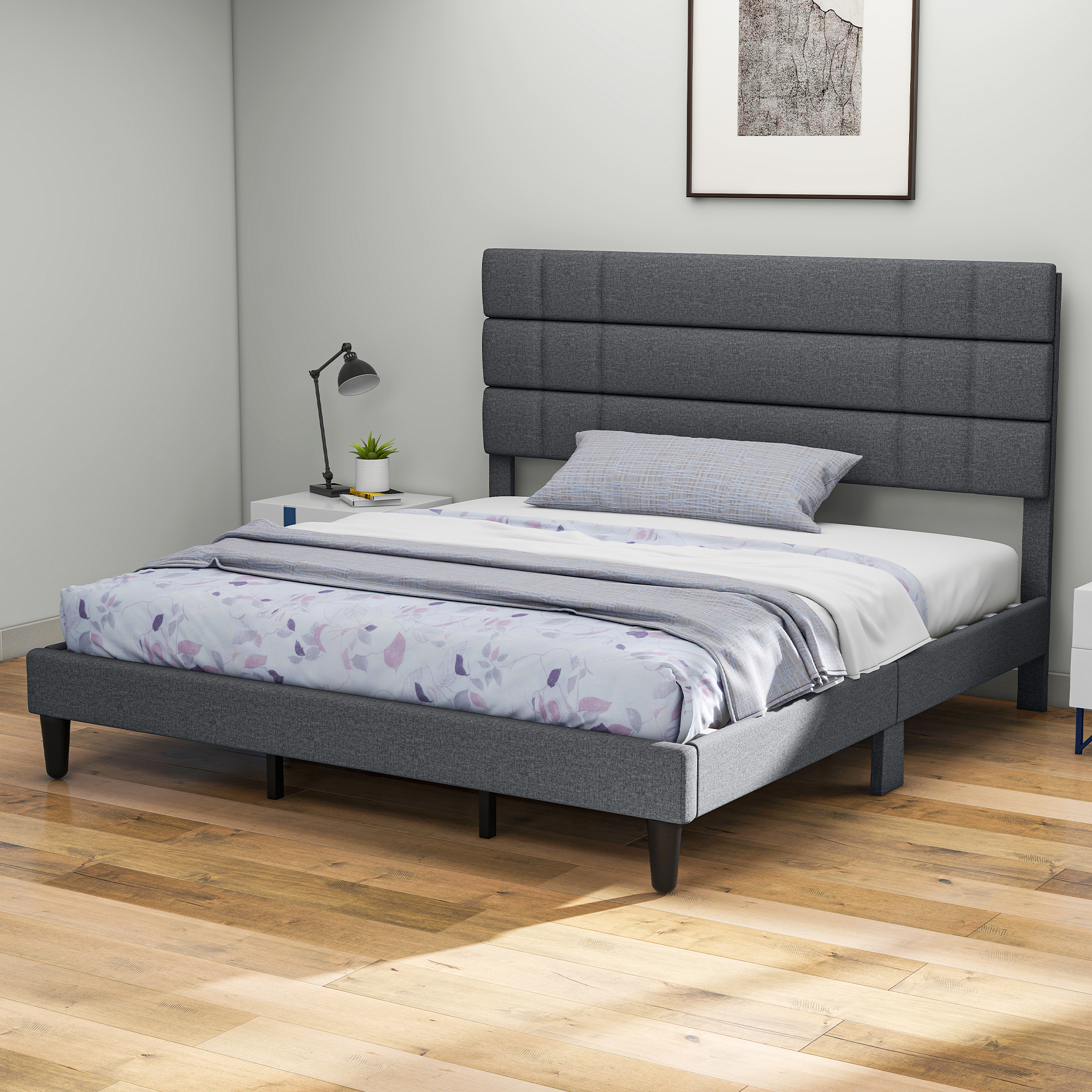 King/Queen Bed Frame Linen Fabric Upholstered Platform with Headboard Beige Grey - Picture 8 of 13