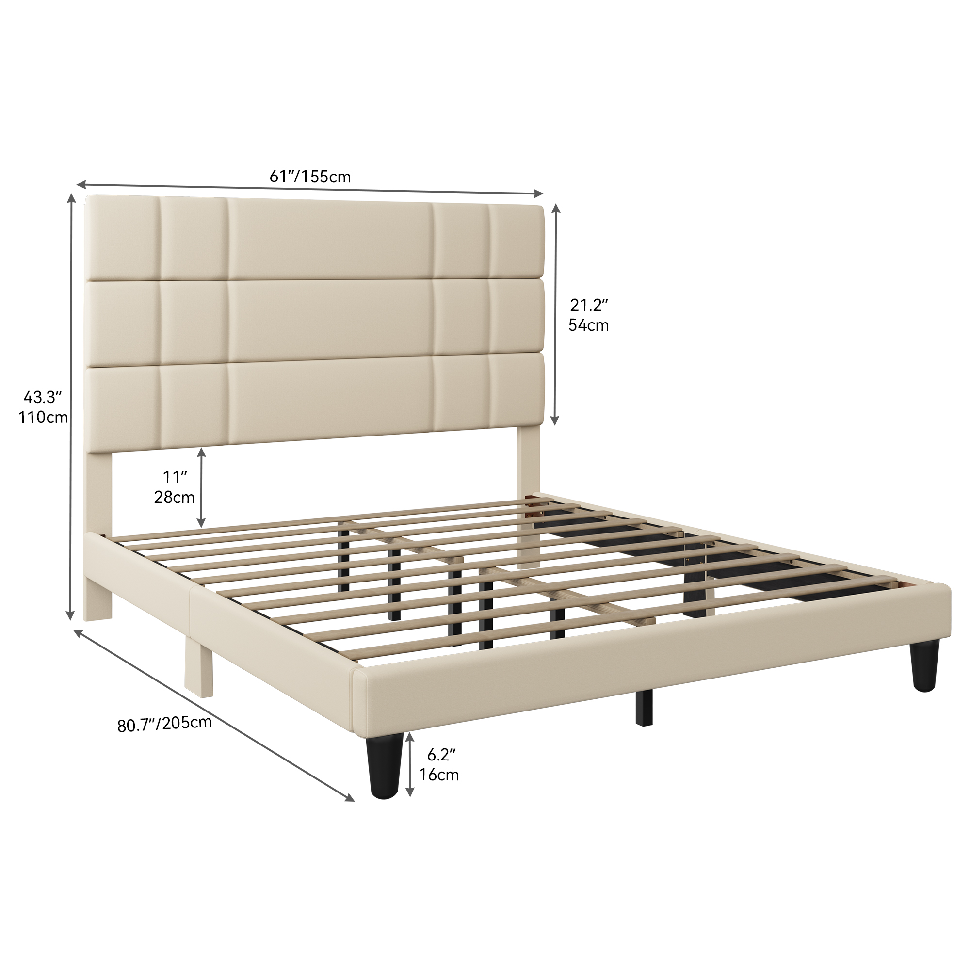 King/Queen Bed Frame Linen Fabric Upholstered Platform with Headboard Beige Grey - Picture 13 of 13