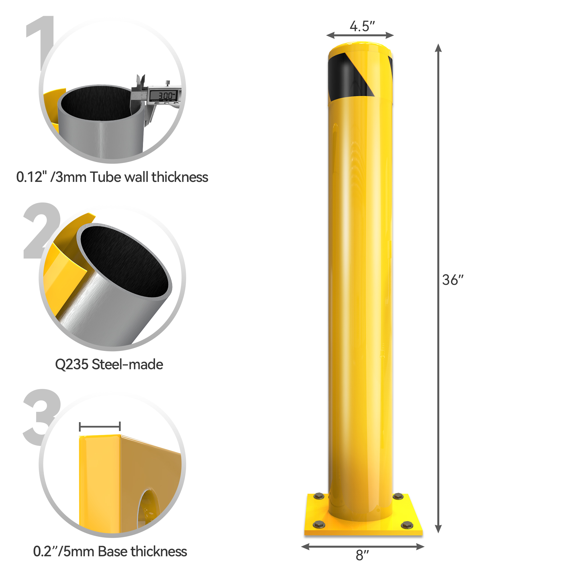 36" x 4.5" Safety Bollard Post 1/4 PACK Steel Bollards for Warehouse Yellow - Picture 9 of 10