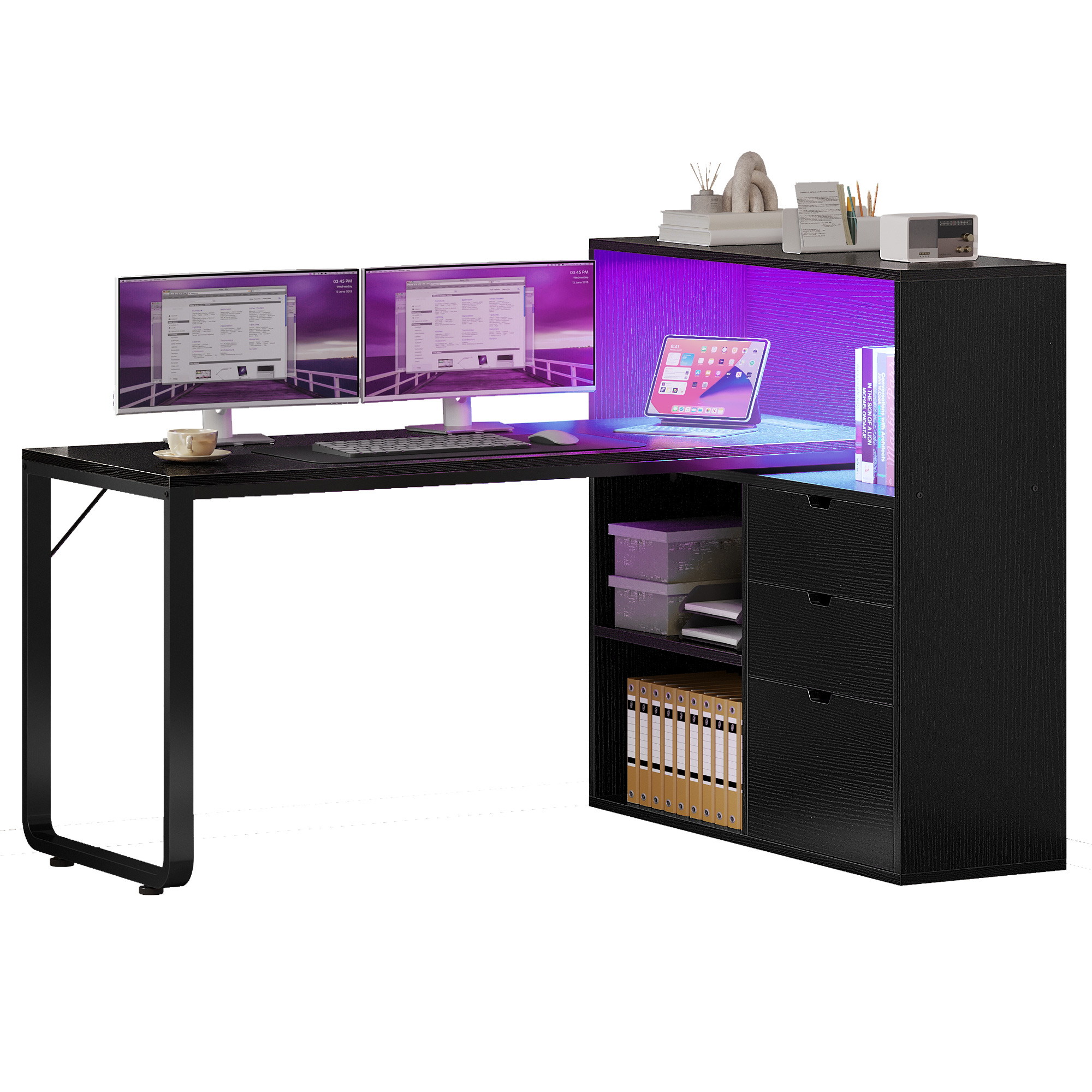 55" Computer Desk L Shaped Desk with Drawers & Power Outlets with Bookshelf - Picture 21 of 22