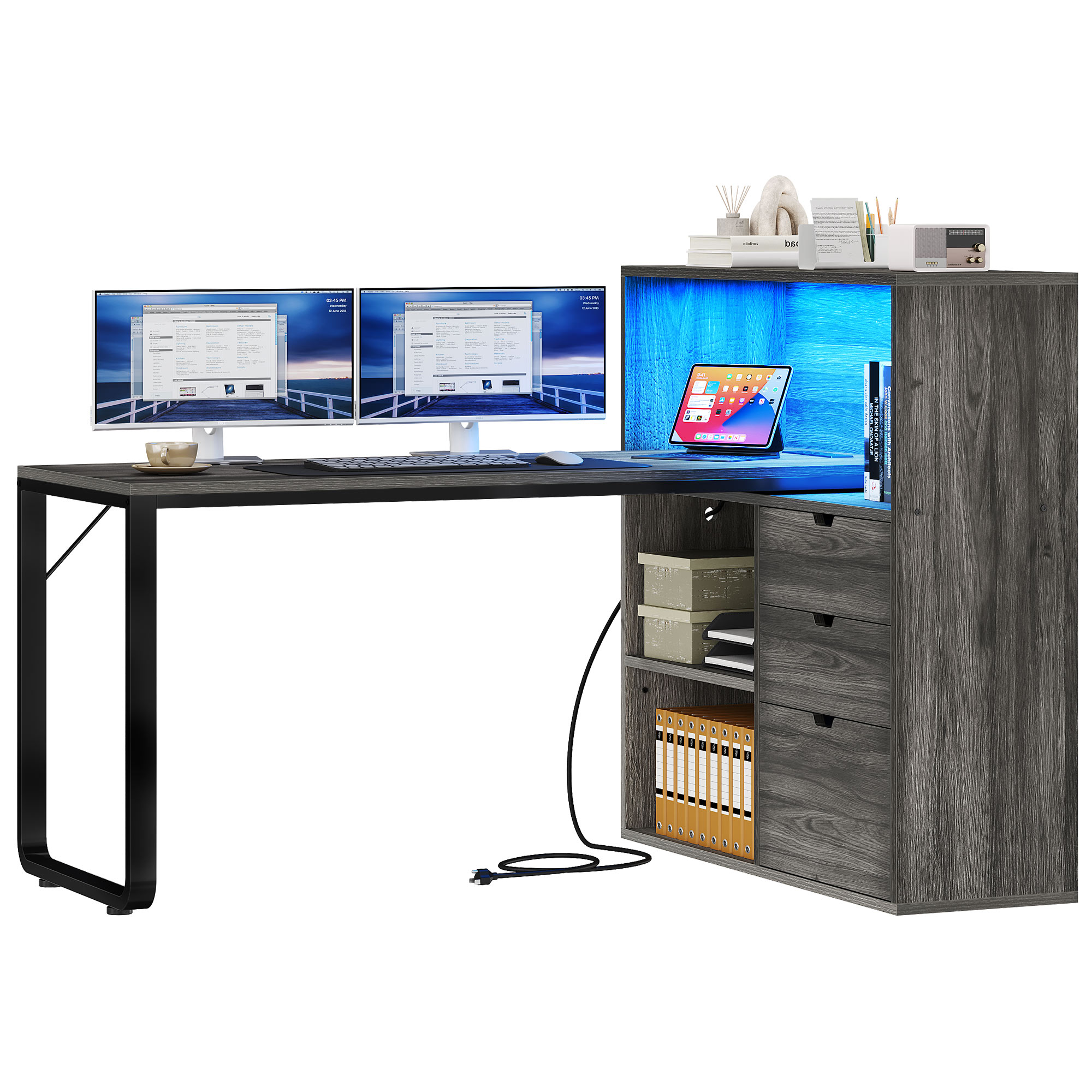 55" Computer Desk L Shaped Desk with Drawers & Power Outlets with Bookshelf - Picture 22 of 22