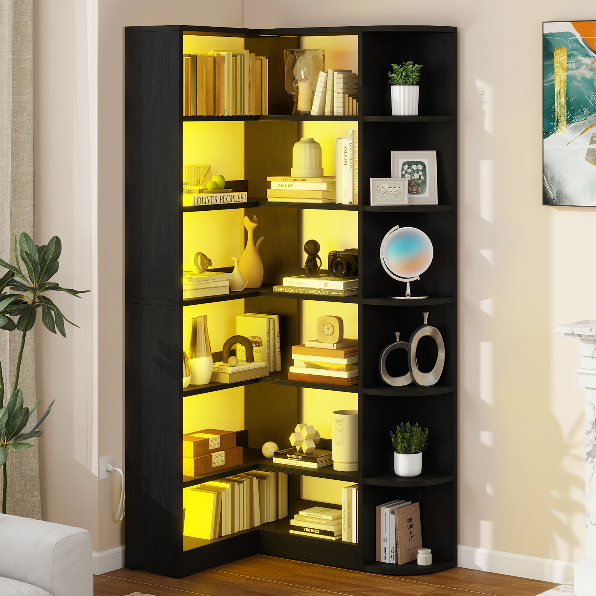 6-Tier Bookshelf L-Shaped Corner Bookcase with LED Light Wood Display Shelf Rack - Picture 13 of 13