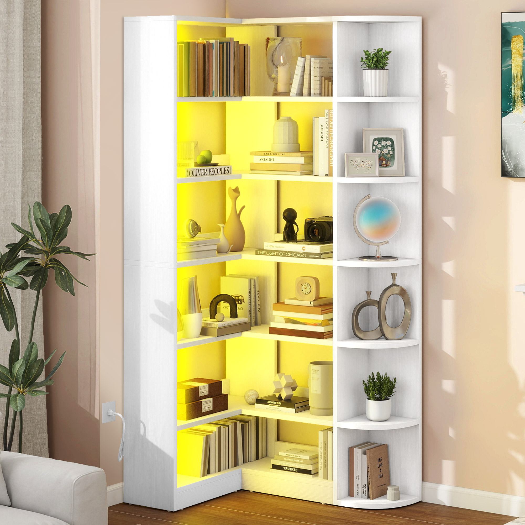 6-Tier Bookshelf L-Shaped Corner Bookcase with LED Light Wood Display Shelf Rack - Picture 12 of 13
