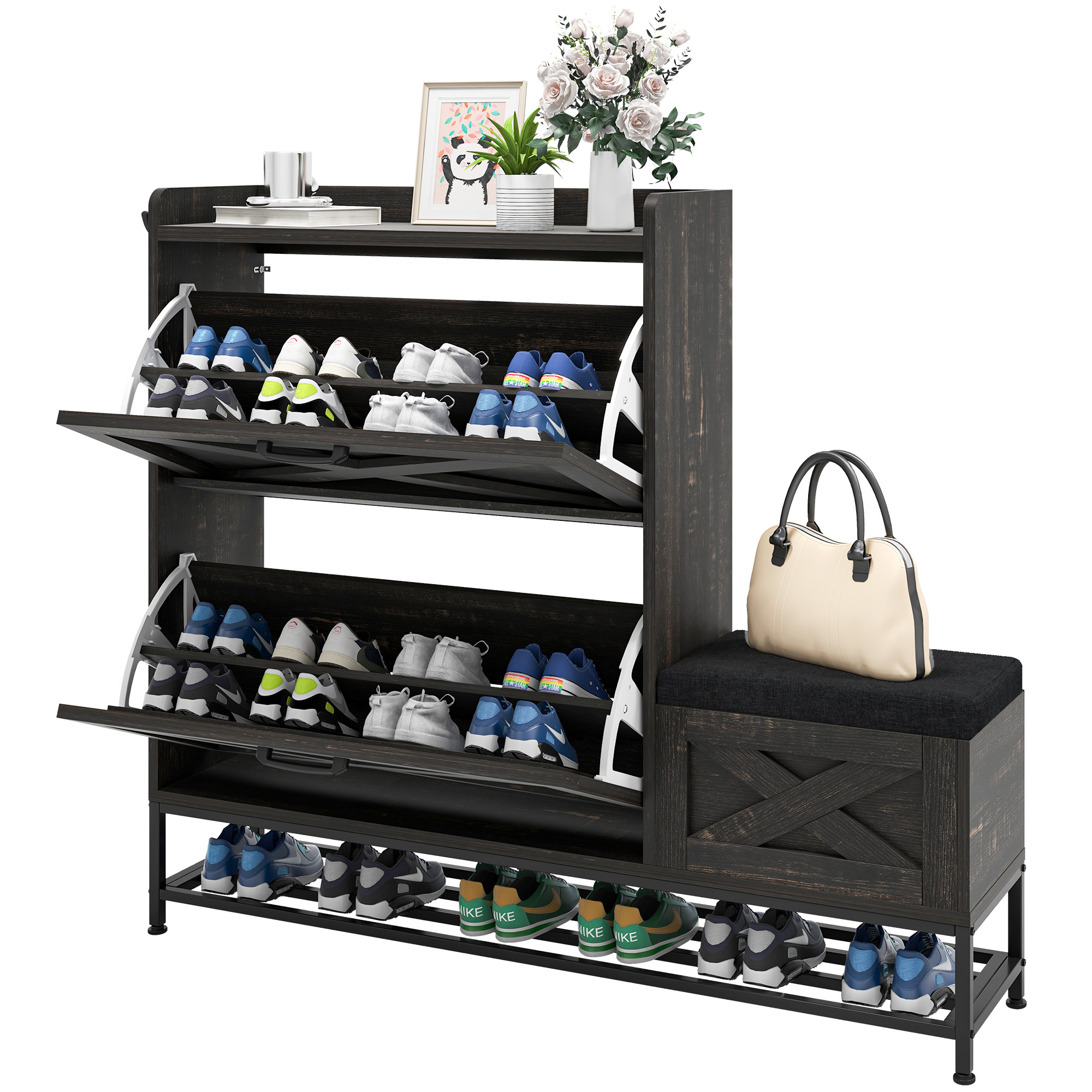Ultym Farmhouse Shoe Storage Cabinet w/2 Flip Drawers &Shoe Bench for 16 Pairs - Picture 9 of 10