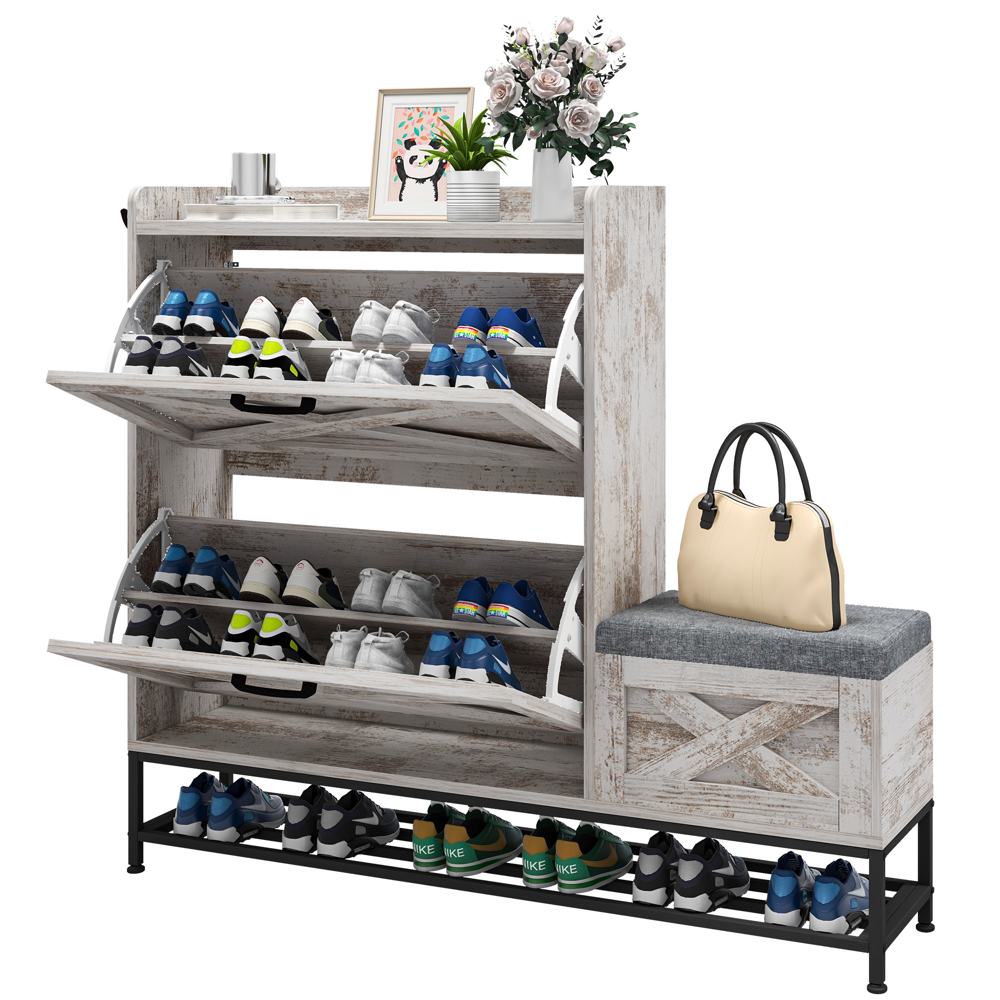 Ultym Farmhouse Shoe Storage Cabinet w/2 Flip Drawers &Shoe Bench for 16 Pairs - Picture 10 of 10