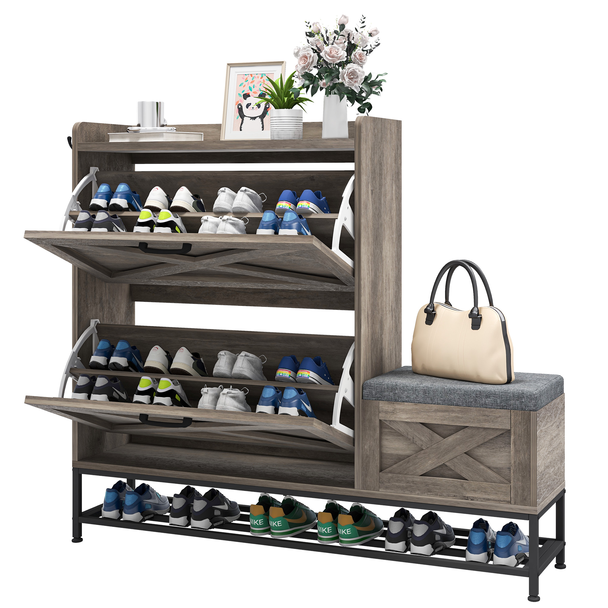 Ultym Farmhouse Shoe Storage Cabinet w/2 Flip Drawers &Shoe Bench for 16 Pairs - Picture 8 of 10
