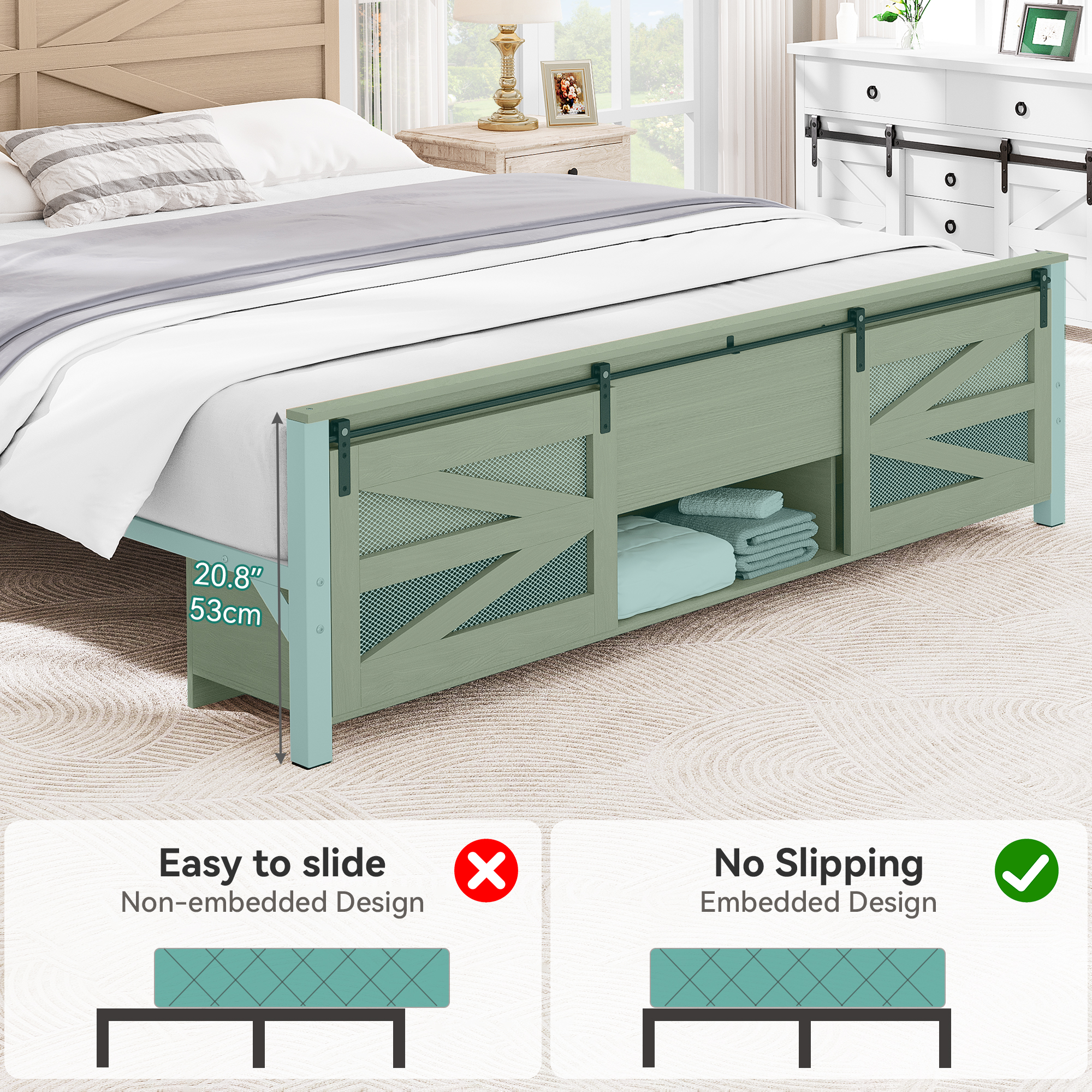 Farmhouse King/Queen Bed Frame w/ Sliding Barn Door Storage Cabinets & Headboard - Picture 8 of 12