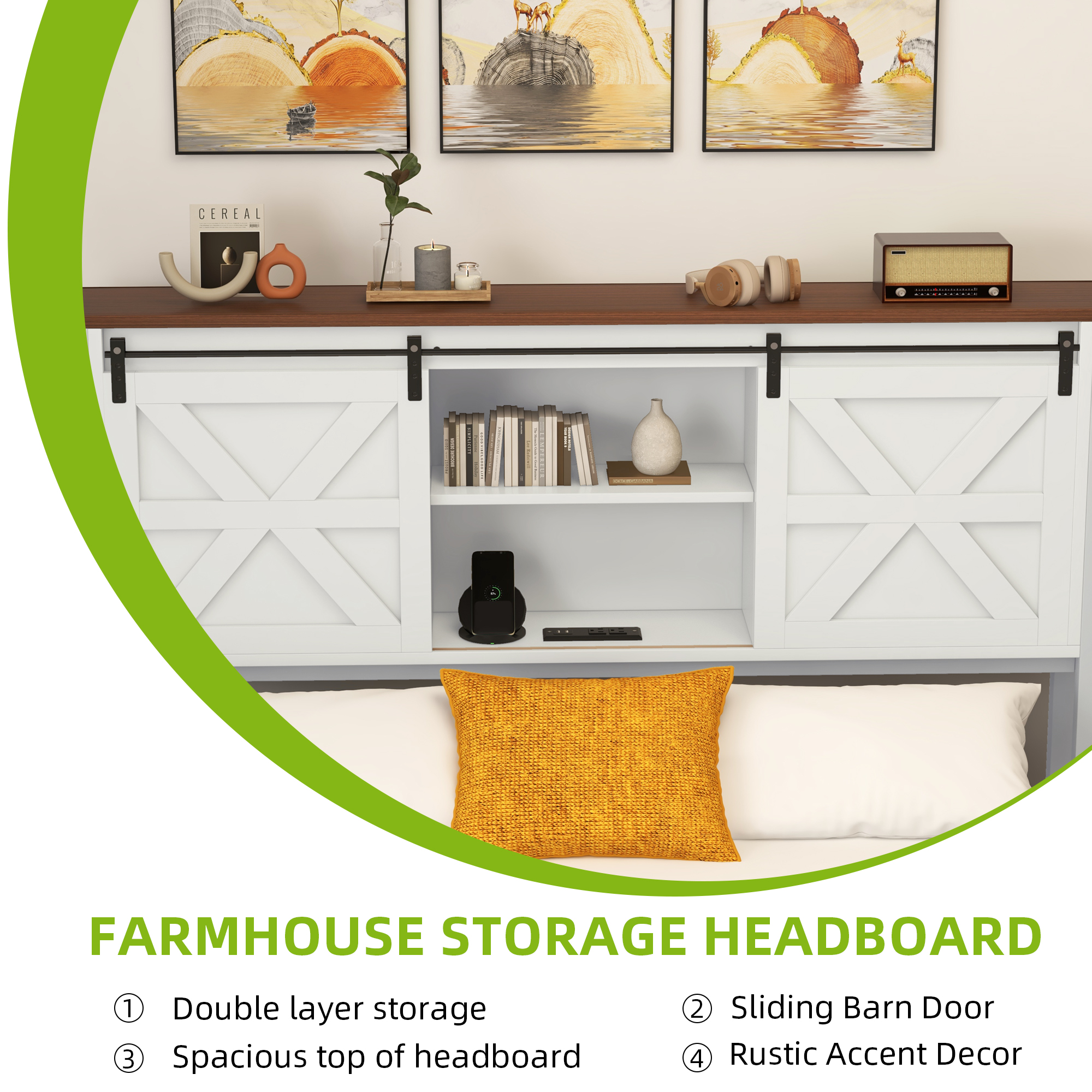 Farmhouse King/Queen Size Bed Frame Wood Platform w/ Headboard&Bookcase Shelves - Picture 7 of 12
