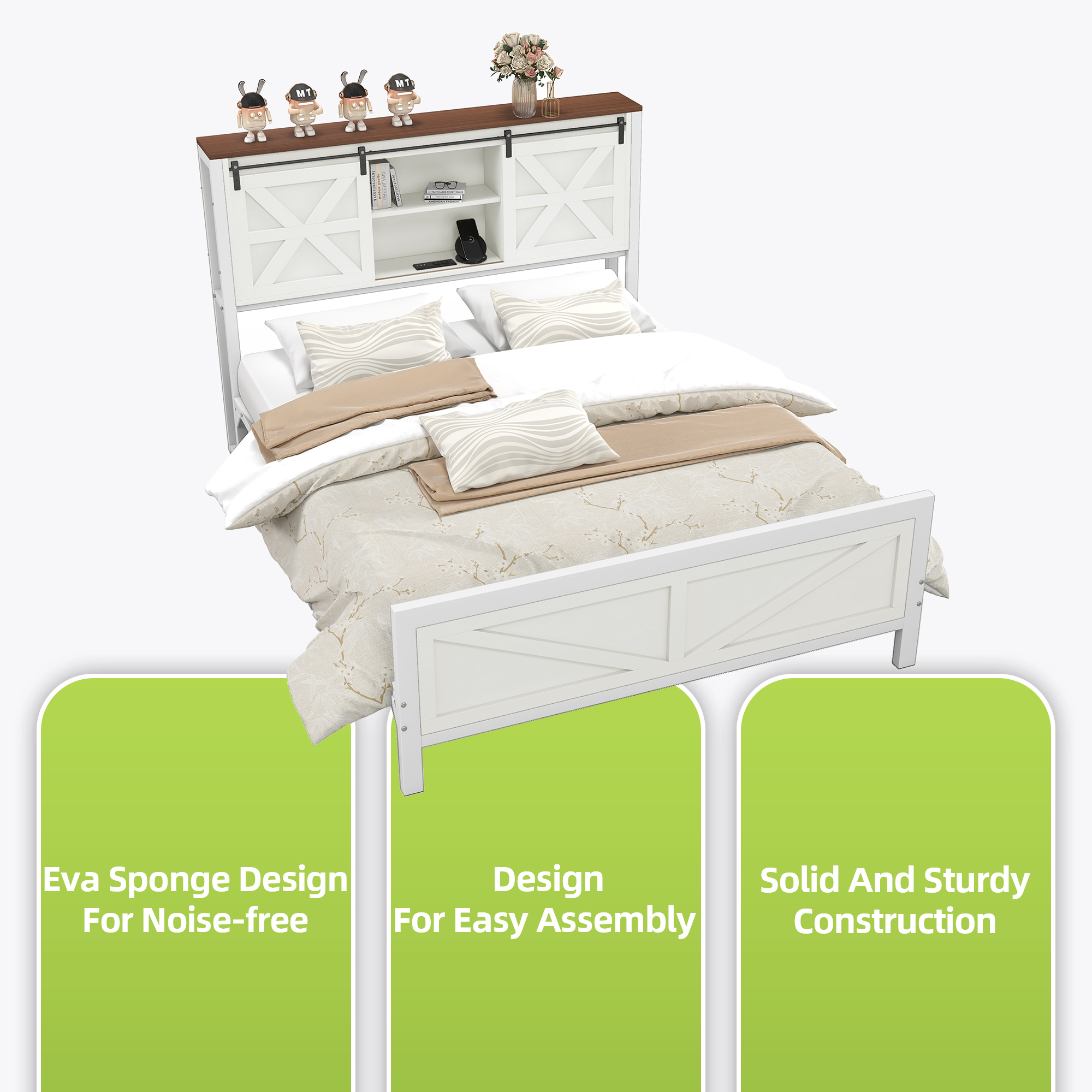 Farmhouse King/Queen Size Bed Frame Wood Platform w/ Headboard&Bookcase Shelves - Picture 8 of 12