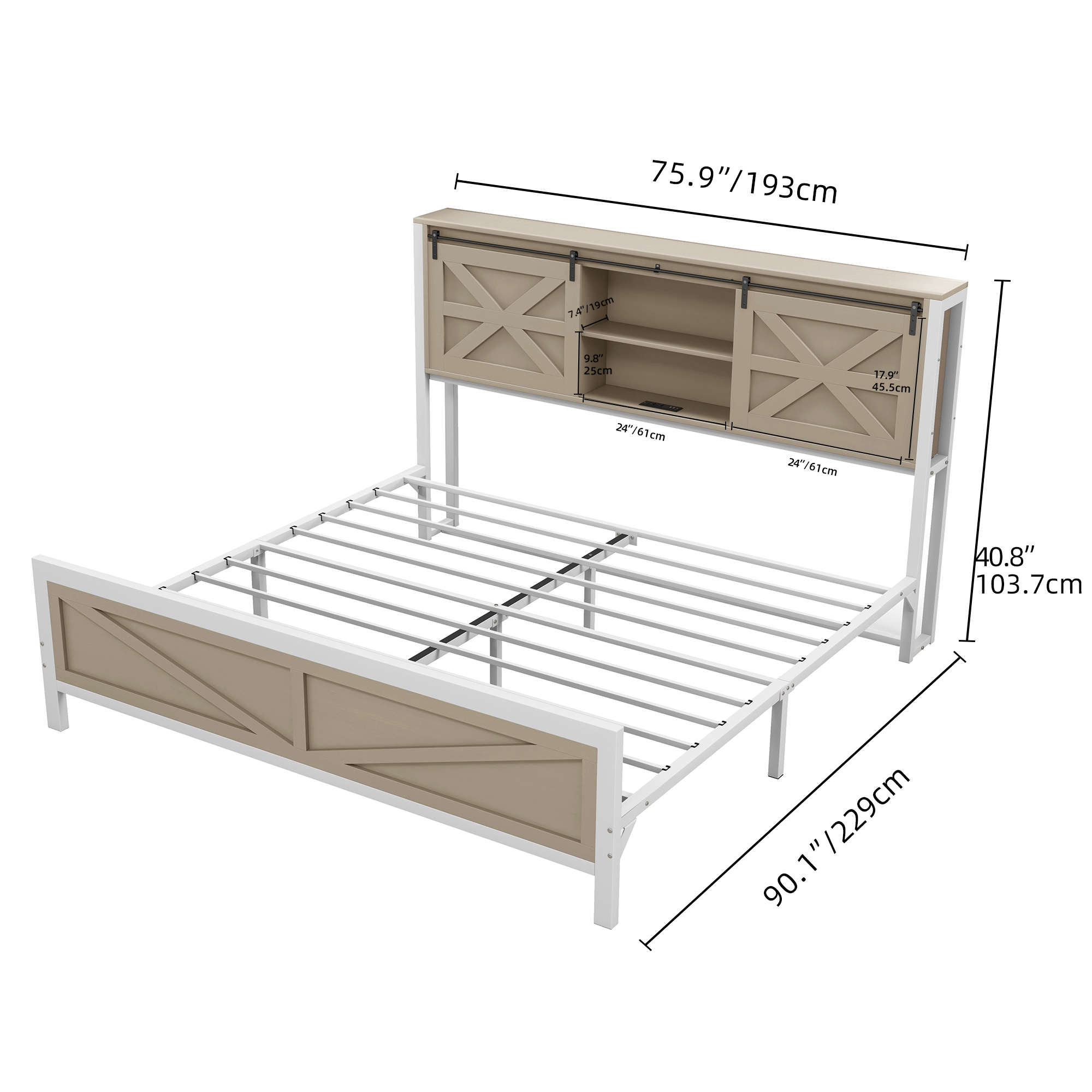 Farmhouse King/Queen Size Bed Frame Wood Platform w/ Headboard&Bookcase Shelves - Picture 9 of 12