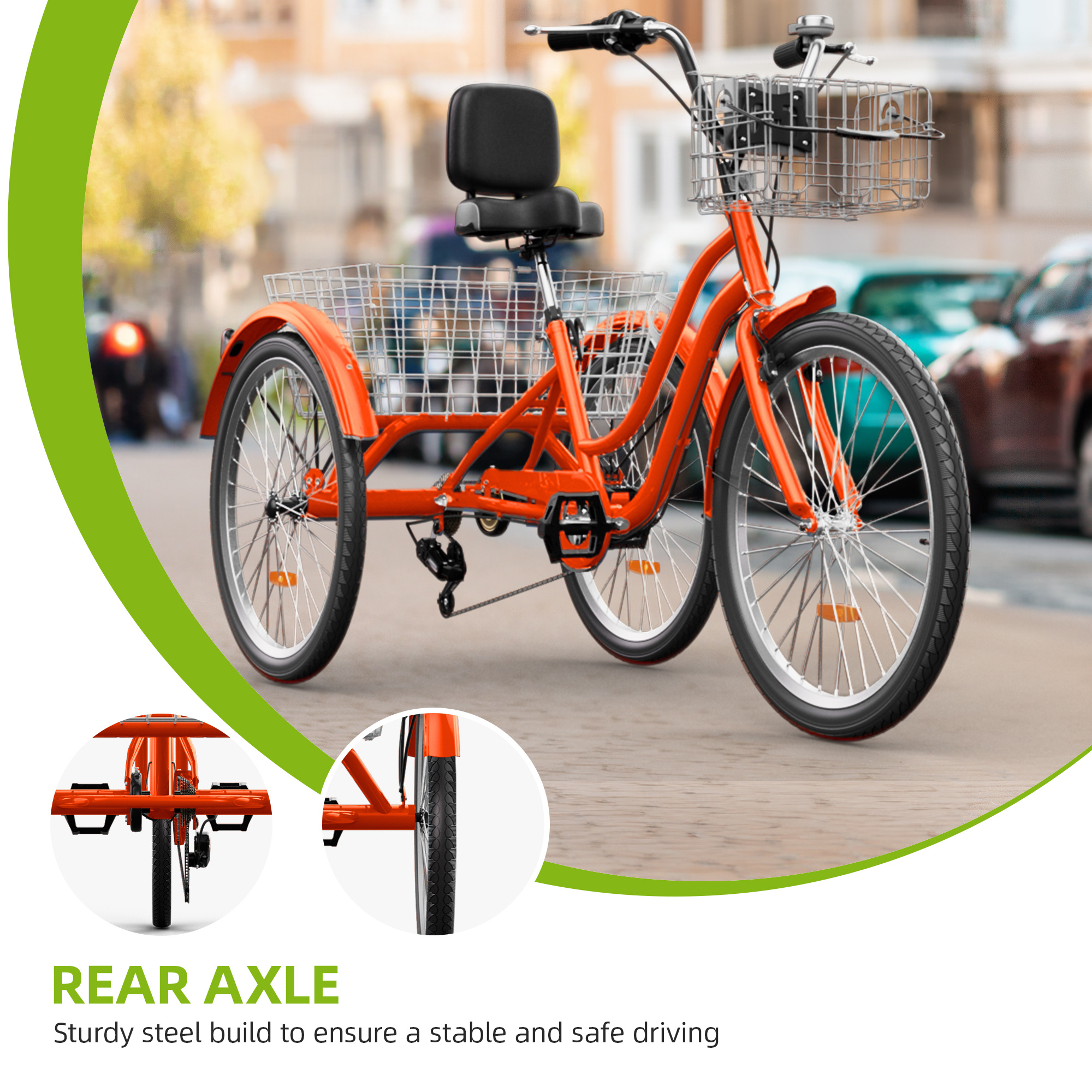 PRACTIUM 24&26" 3-Wheel Bikes 7 Speed Trike for Adults Cruiser Bike w/ Baskets