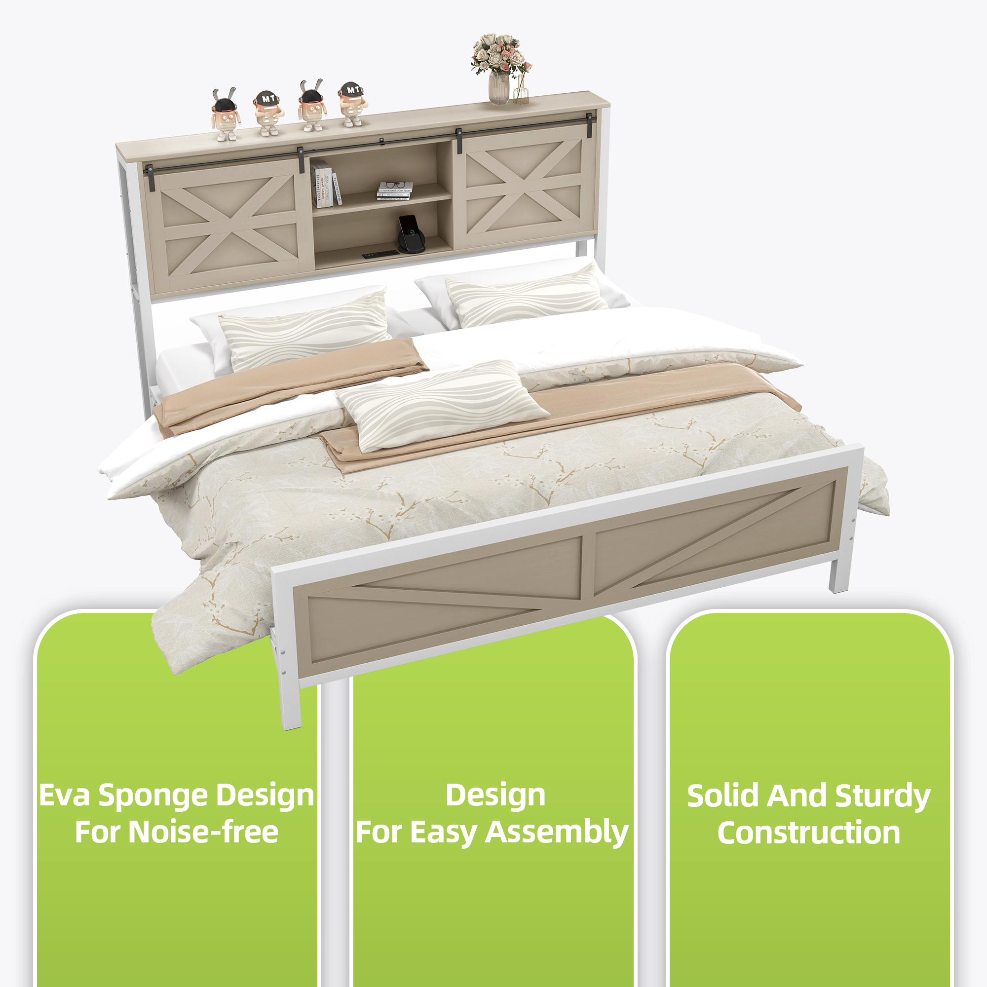 Farmhouse King/Queen Size Bed Frame Wood Platform w/ Headboard&Bookcase Shelves - Picture 12 of 12