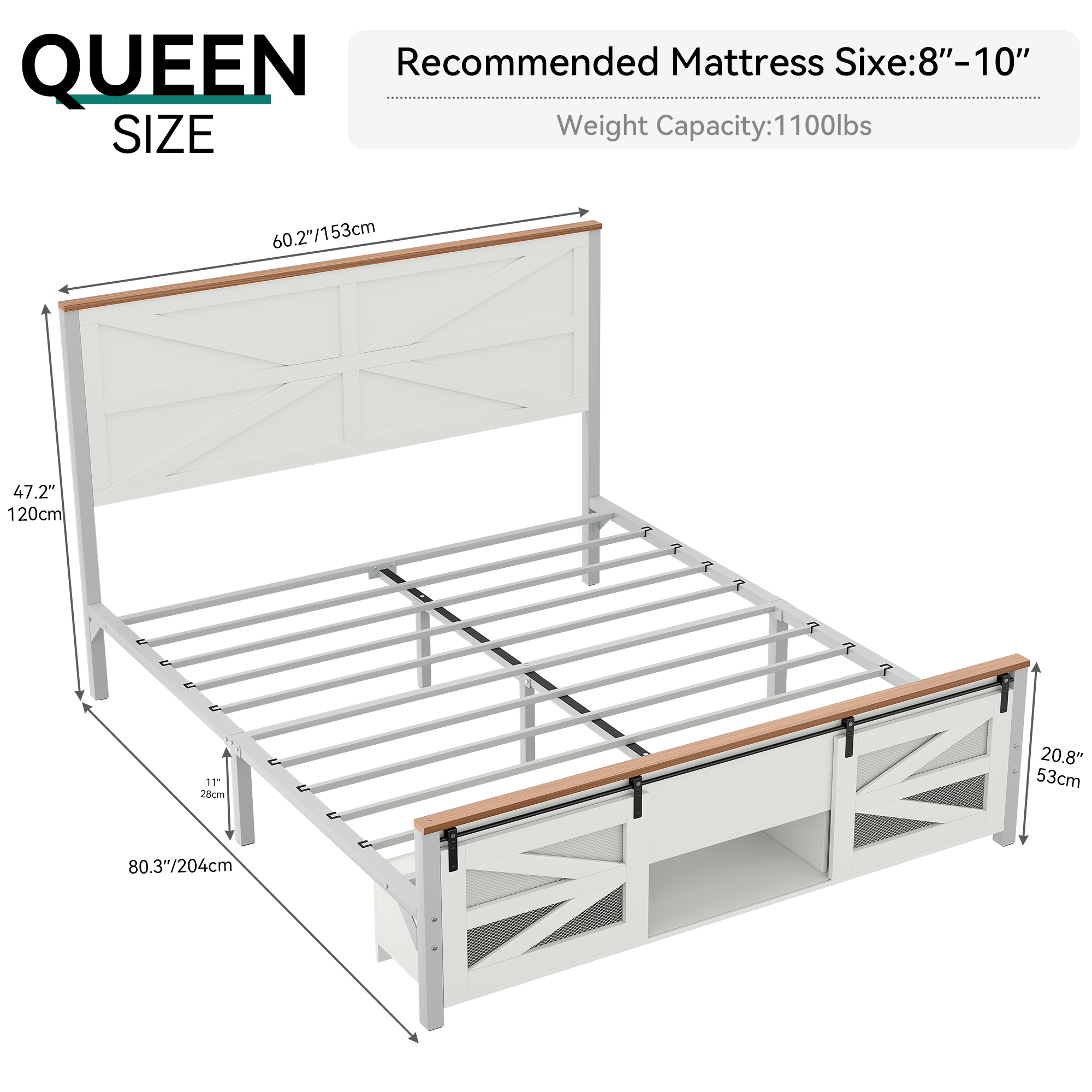 Farmhouse King/Queen Bed Frame w/ Sliding Barn Door Storage Cabinets & Headboard - Picture 9 of 12