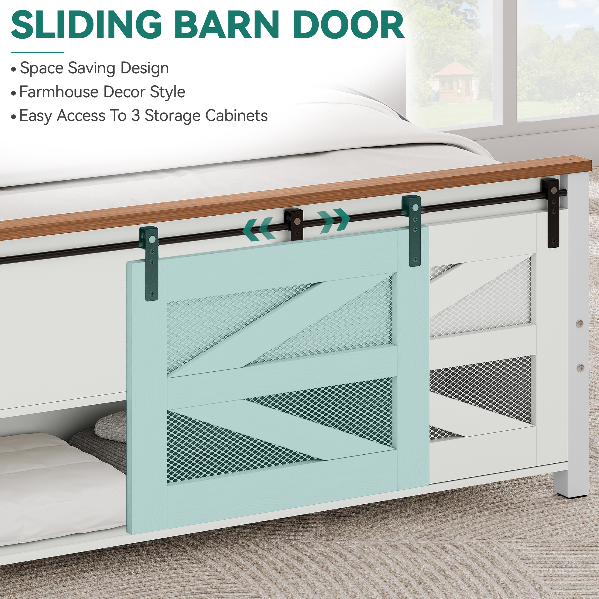 Farmhouse King/Queen Bed Frame w/ Sliding Barn Door Storage Cabinets & Headboard - Picture 10 of 12