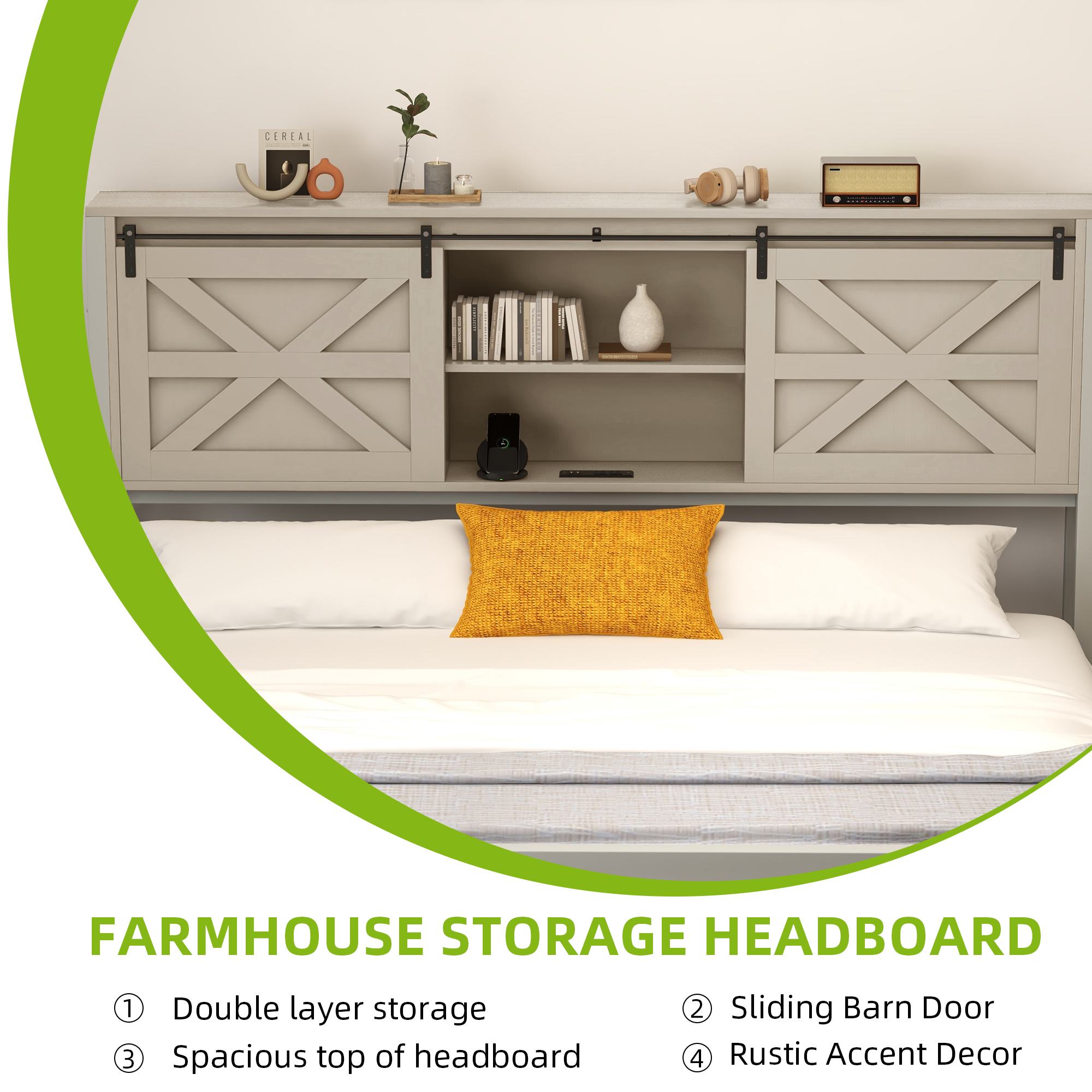 Farmhouse King/Queen Size Bed Frame Wood Platform w/ Headboard&Bookcase Shelves - Picture 11 of 12