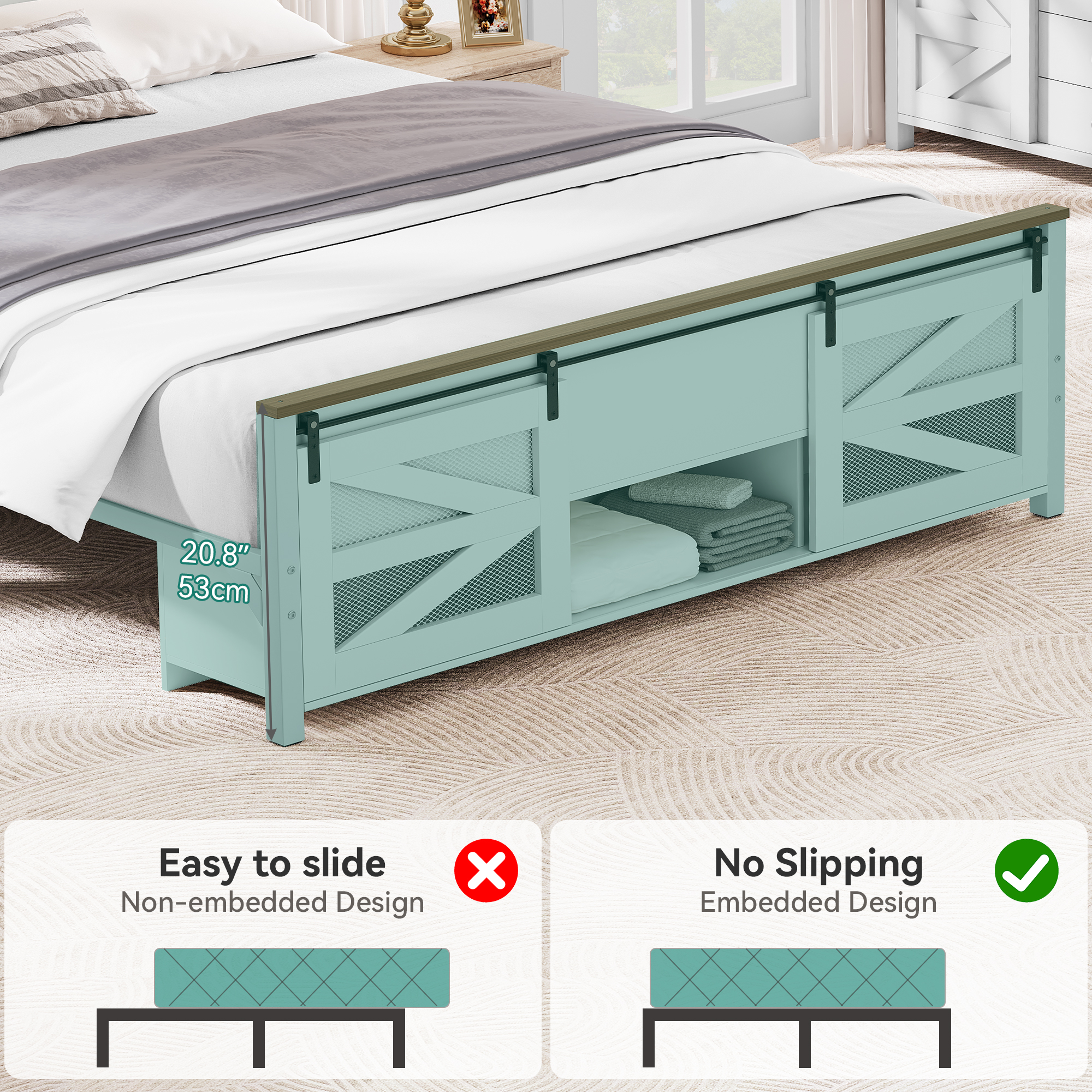 Farmhouse King/Queen Bed Frame w/ Sliding Barn Door Storage Cabinets & Headboard - Picture 12 of 12