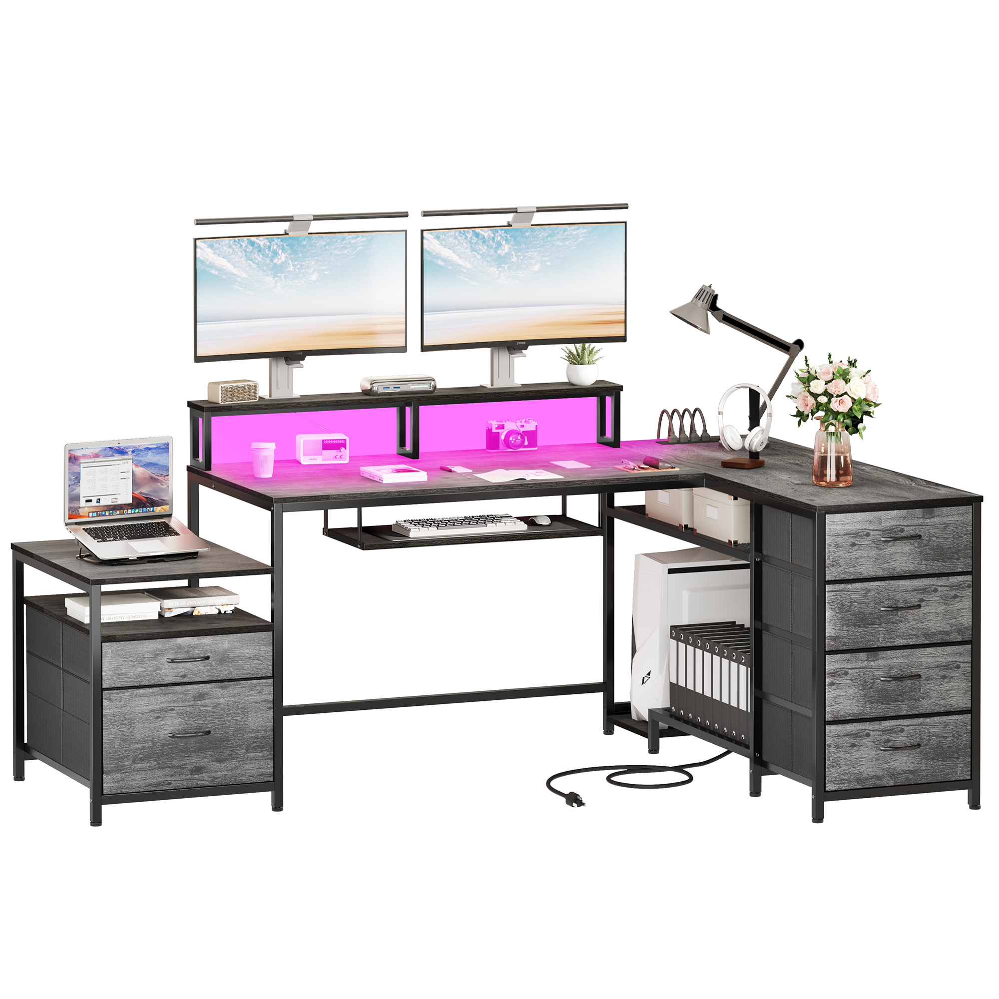 71" L Shaped Desk with Drawers Corner Computer Desk w/ Power Outlet & LED Lights - Picture 12 of 12