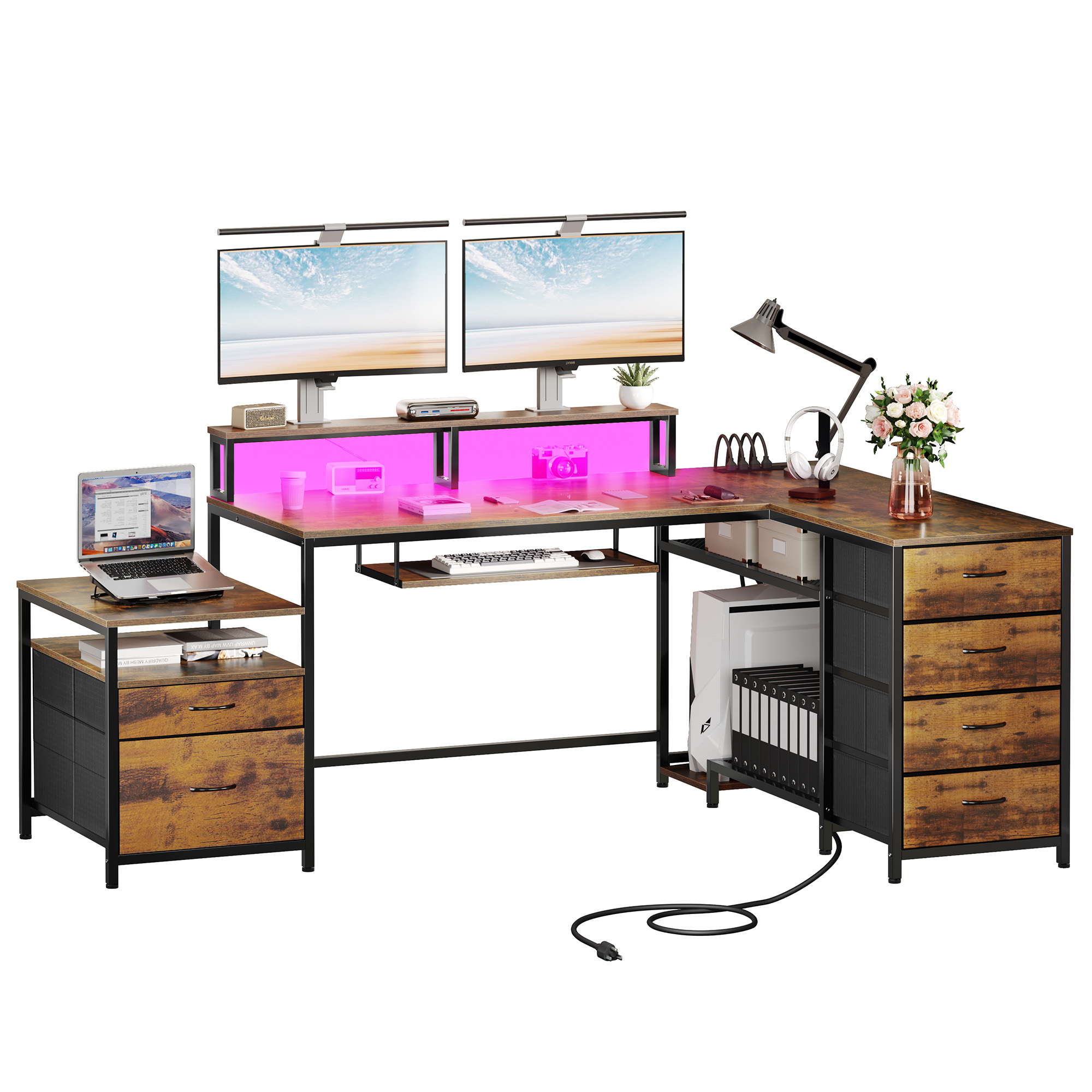 71" L Shaped Desk with Drawers Corner Computer Desk w/ Power Outlet & LED Lights - Picture 11 of 12