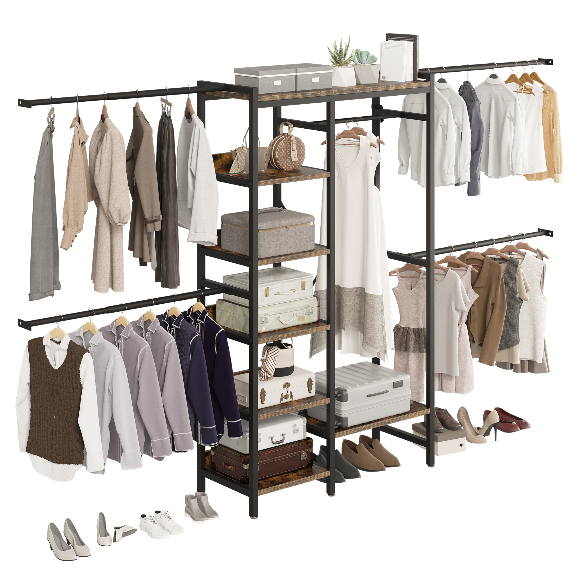 Heavy Duty Garment Rack with 4 Expandable Hanger Rod for Bedroom Storage Shelves