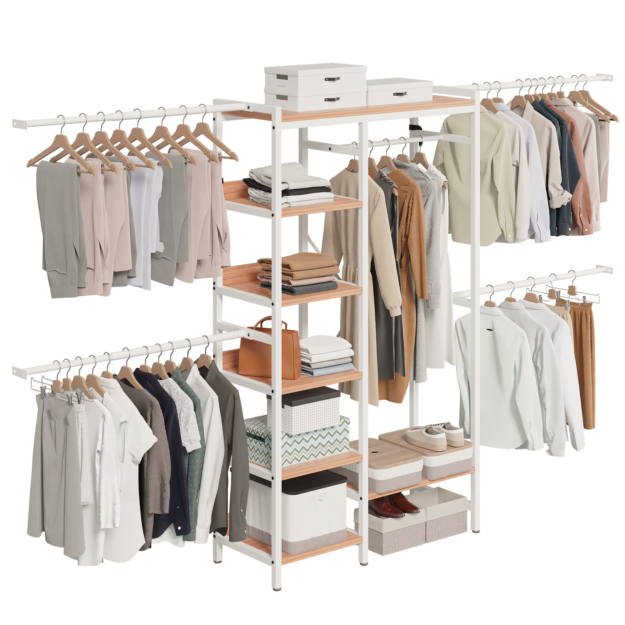 Heavy Duty Garment Rack with 4 Expandable Hanger Rod for Bedroom Storage Shelves