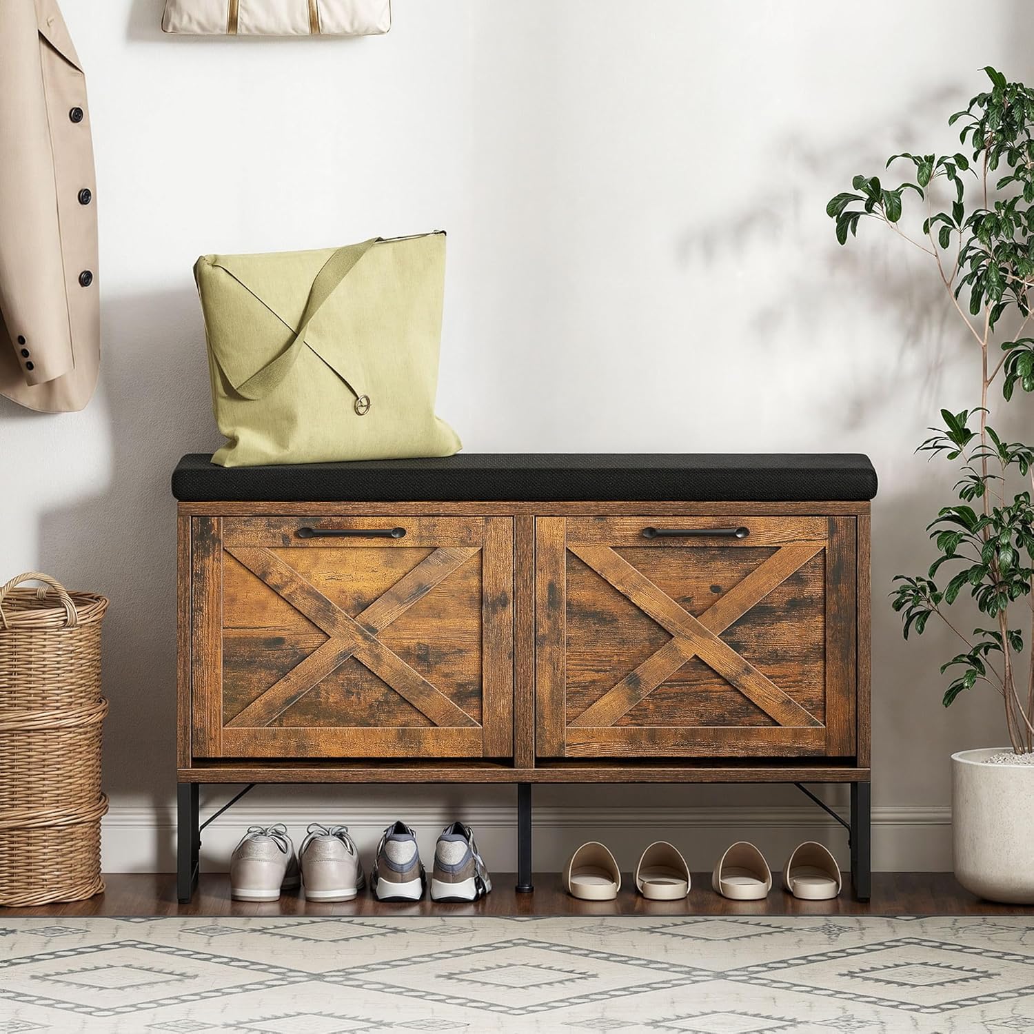 Farmhouse Shoe Bench with 2 Flip Drawer & Padded Seat Cushion for Entryway Home