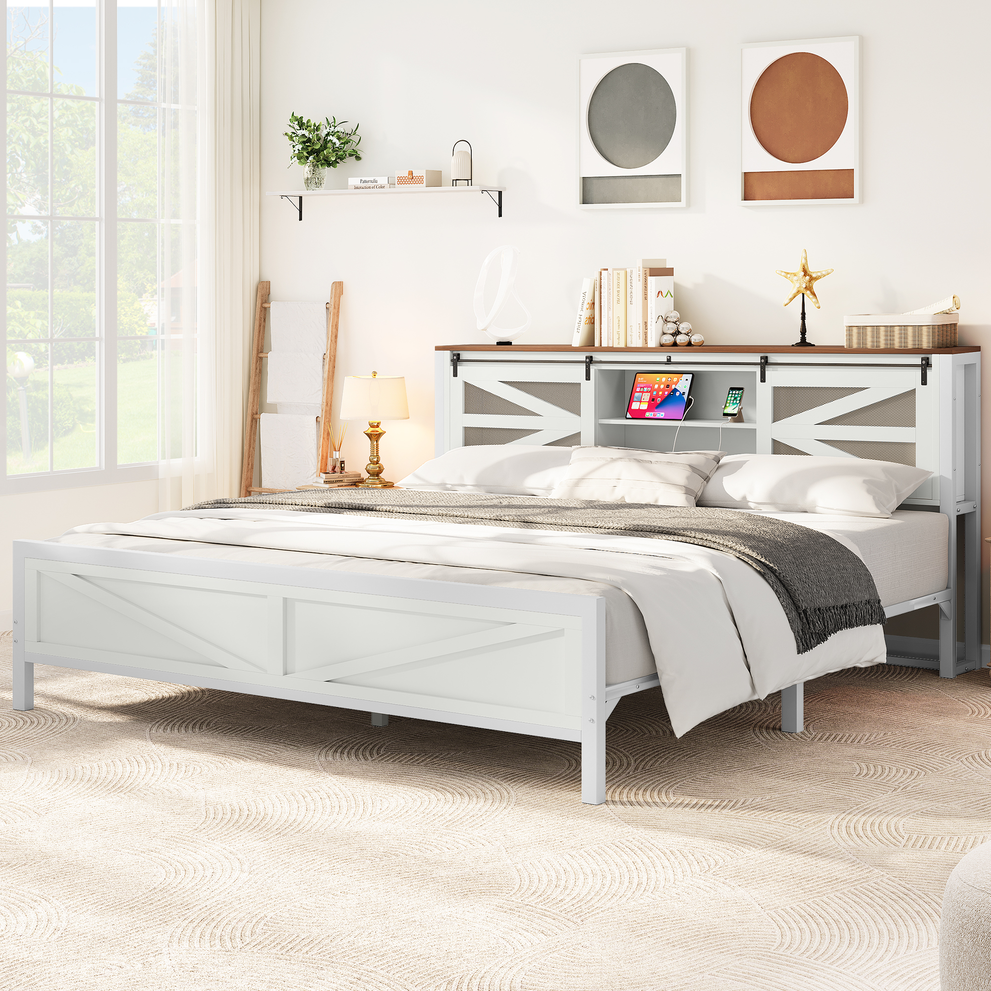 TAUS Farmhouse Queen Size Bed Frame with Headboard and Bookcase Storage Shelves - Picture 13 of 13