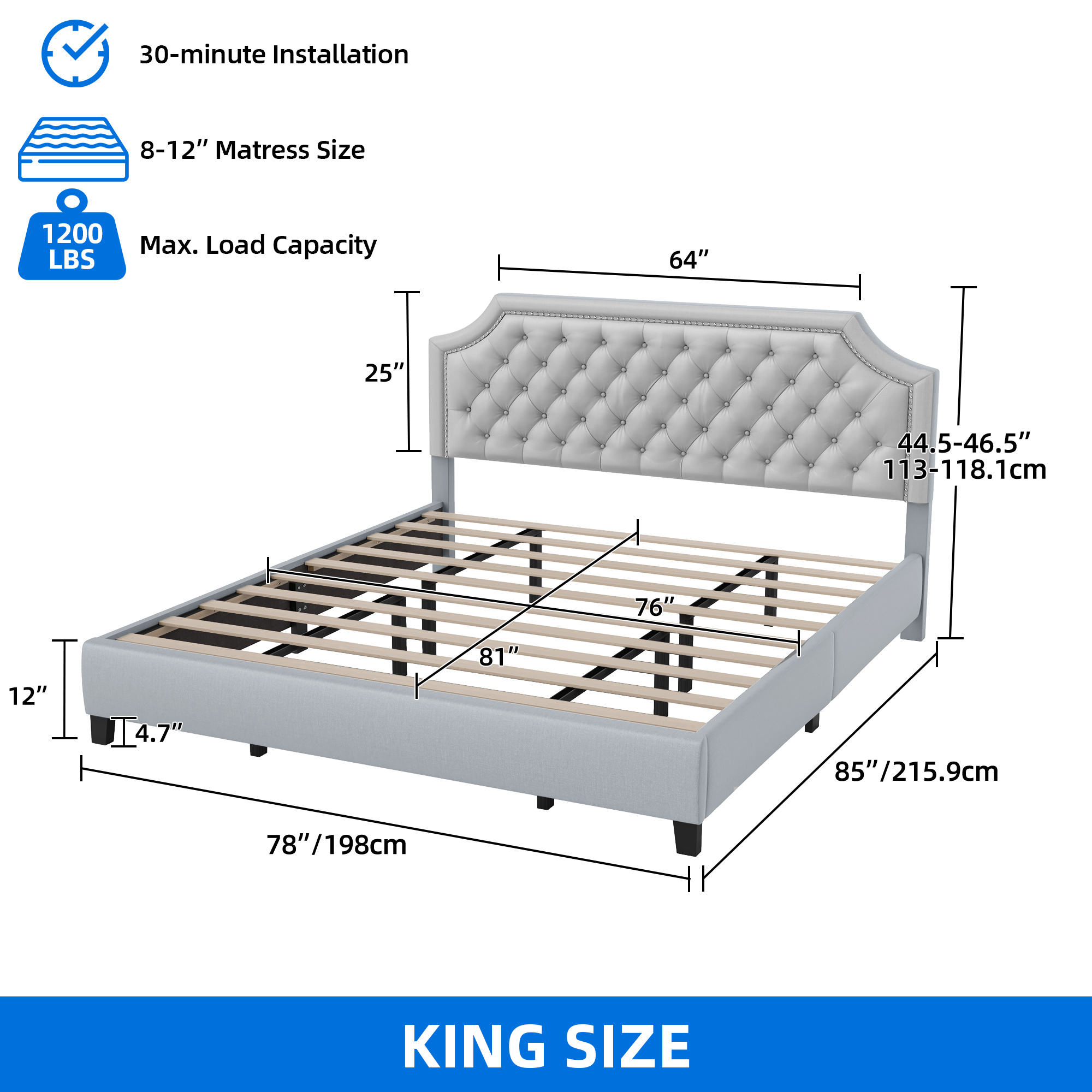 Full/Queen/King Bed Frame Platform w/ Upholstered Headboard Wood Slats Support - Picture 20 of 20