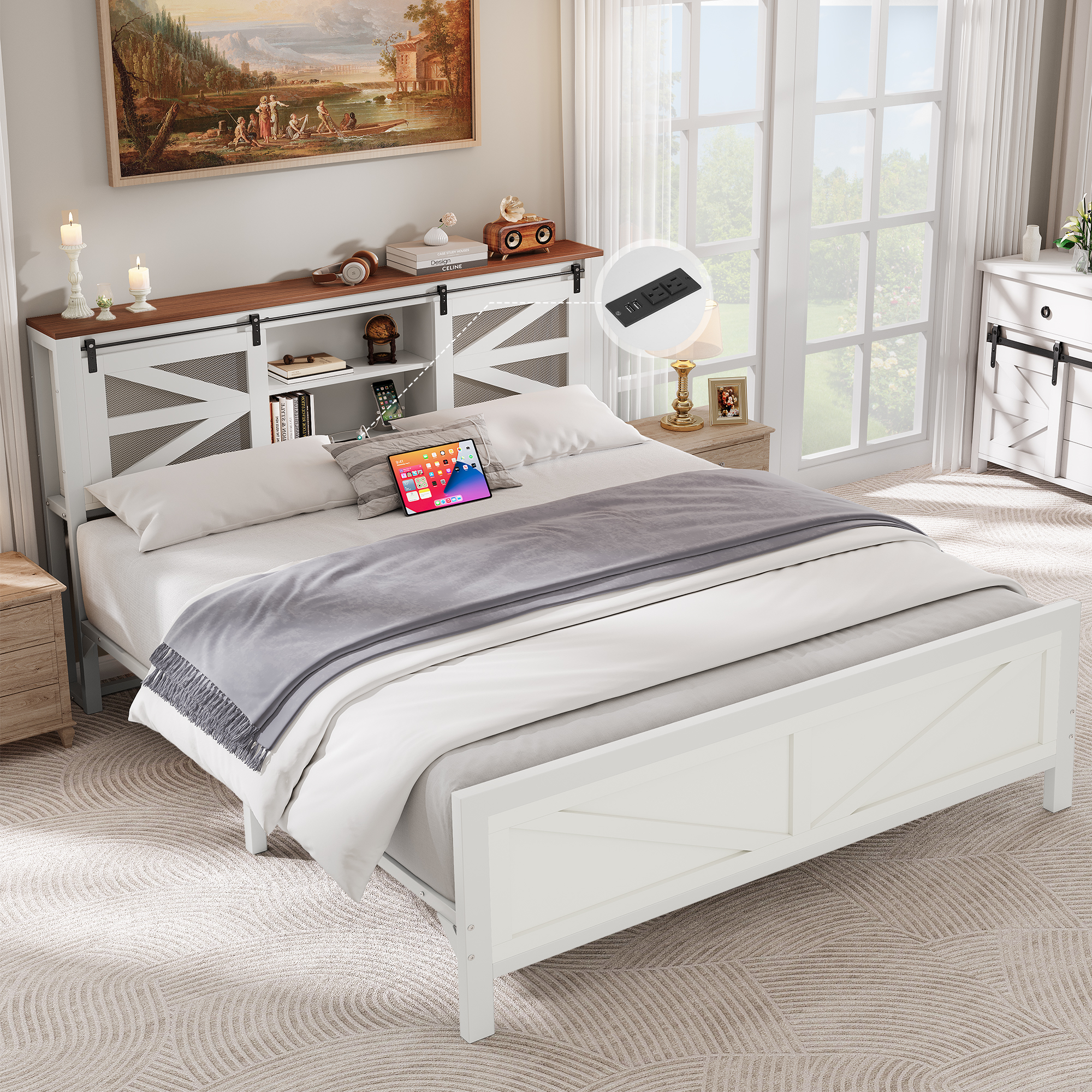 TAUS Farmhouse Queen Size Bed Frame with Headboard and Bookcase Storage Shelves - Picture 11 of 13