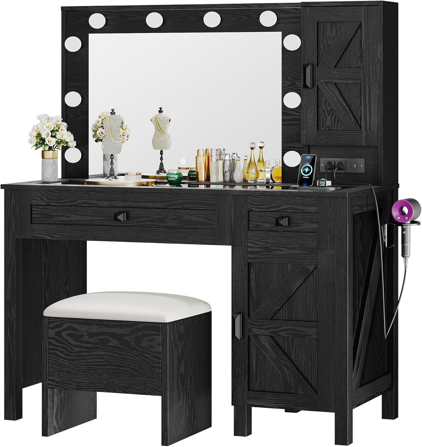 Farmhouse Makeup Vanity Desk Set With Lights Mirror w/Glass Top Charging Station - Picture 19 of 20