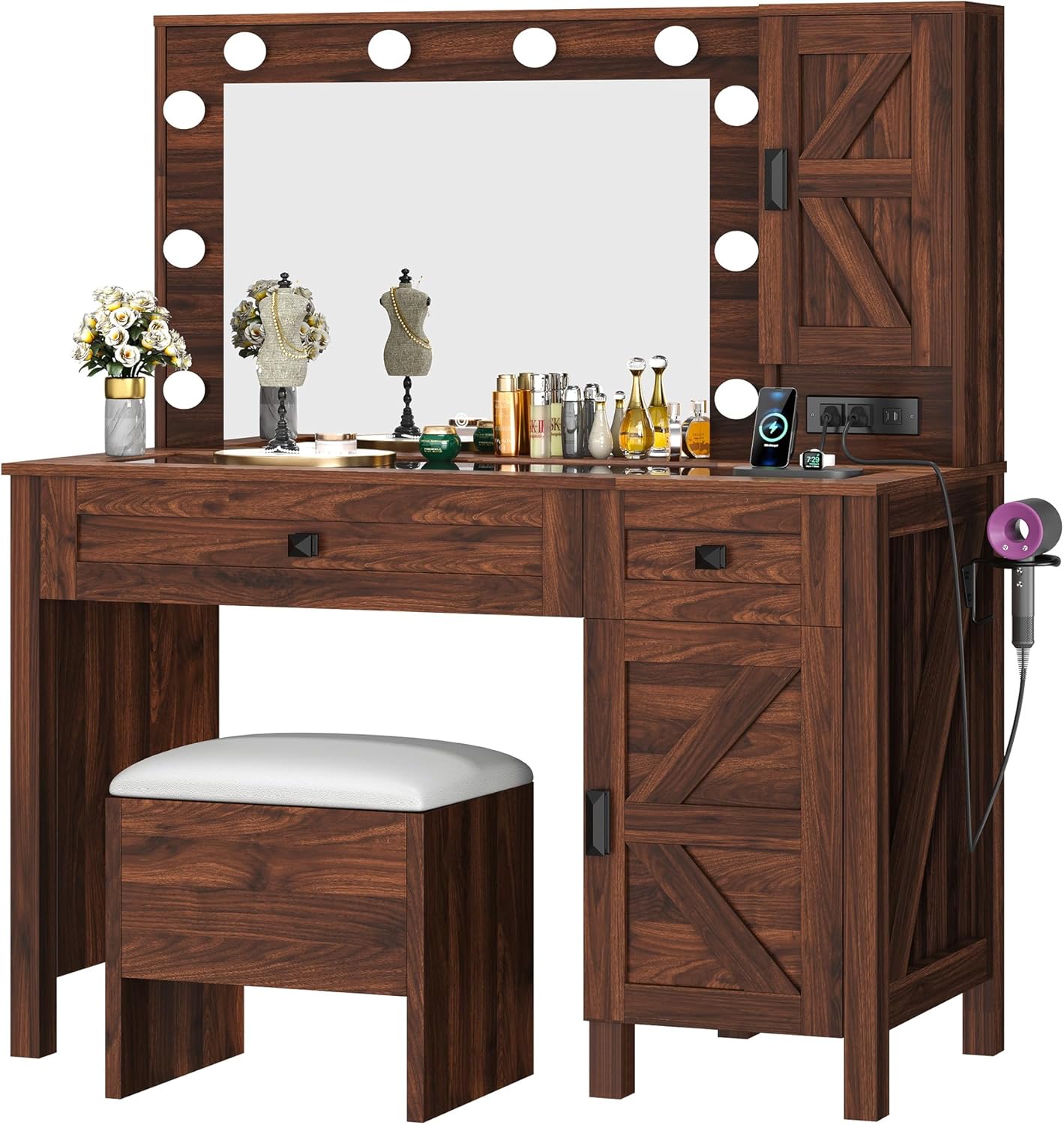 Farmhouse Makeup Vanity Desk Set With Lights Mirror w/Glass Top Charging Station - Picture 20 of 20