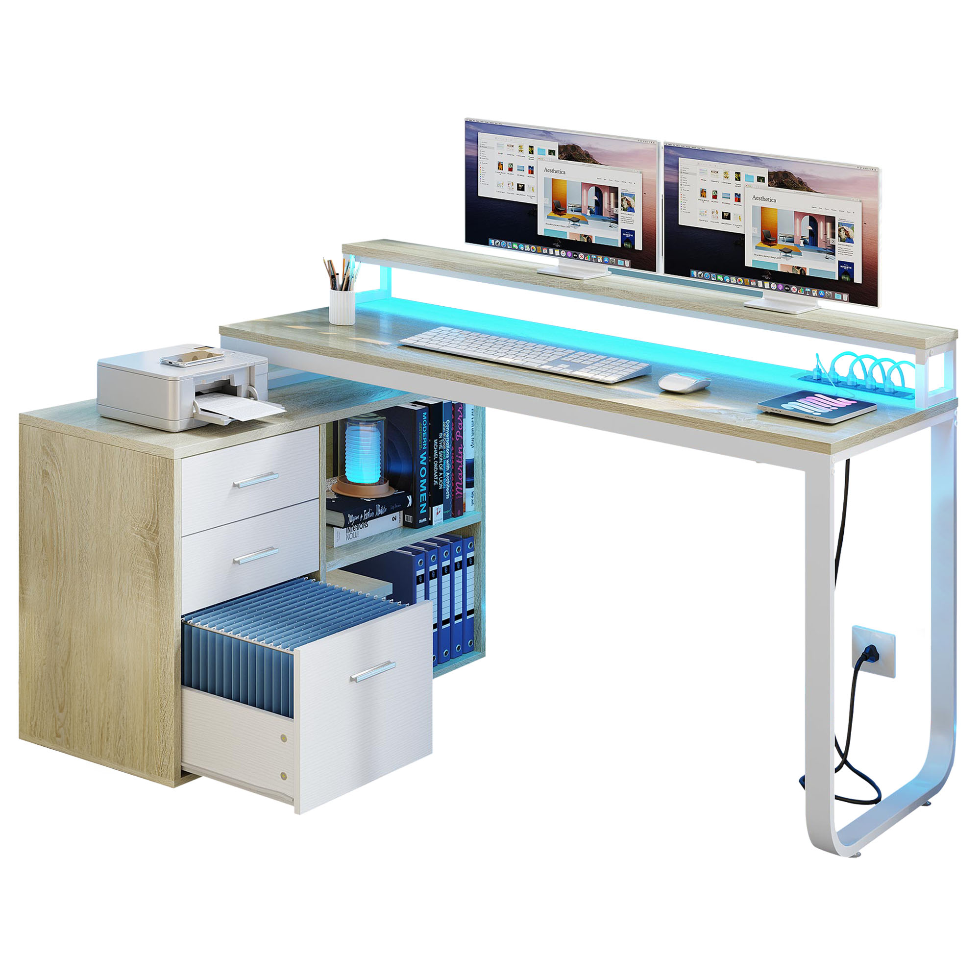 Computer Desk  L-Shaped Desk with LED Lights & File Cabinet for Home Office Desk