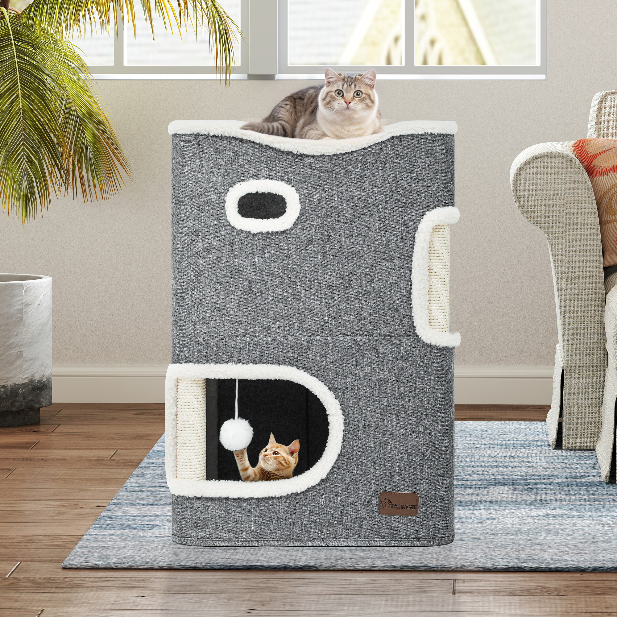 2-Tier Cat House Indoor Cat Cave Bed Playhouse Covered Cat Beds & Furniture