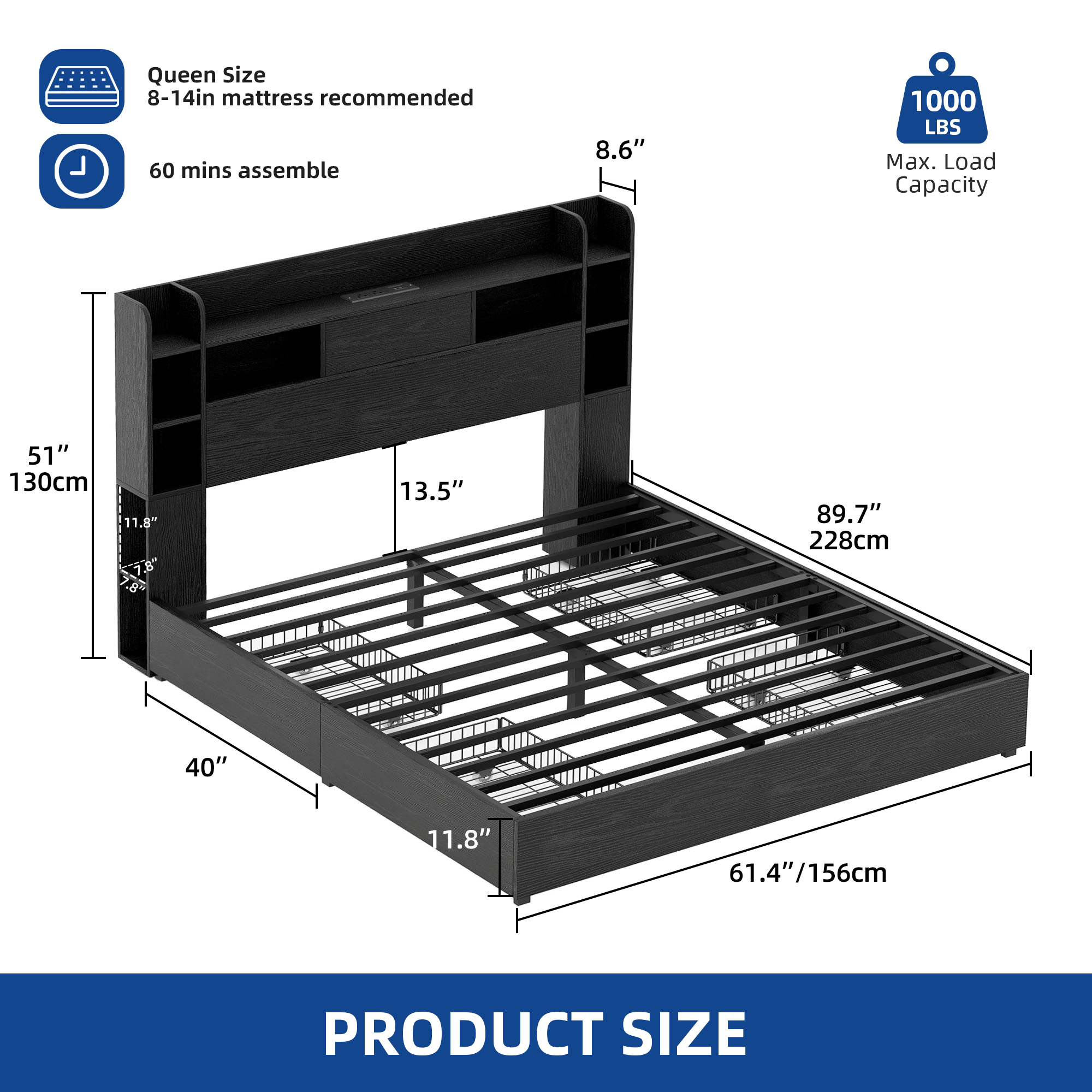 King/Queen Size Bed Frame Platform with Bookcase Headboard and 4 Storage Drawers