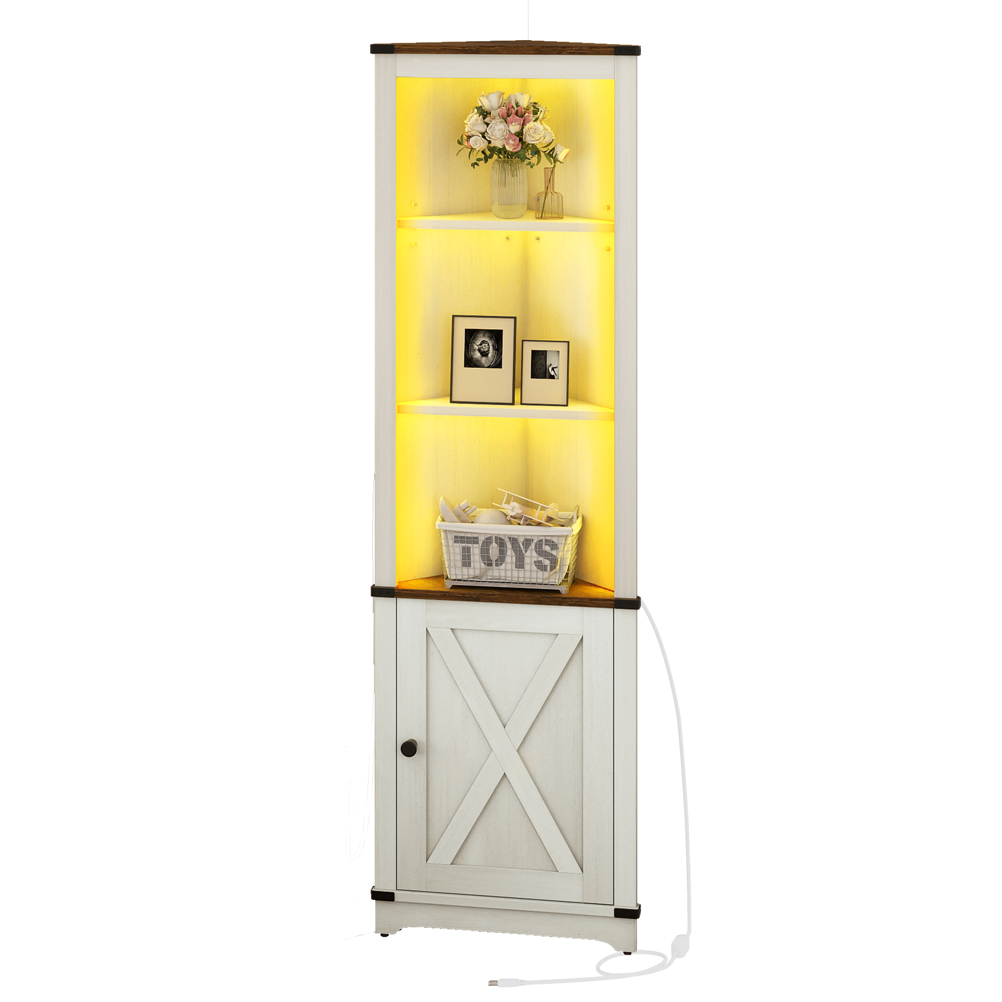 LED 5 Tier Corner Bookcase Display BookShelf Cabinet Barn Door Adjustable Shelf - Picture 21 of 23