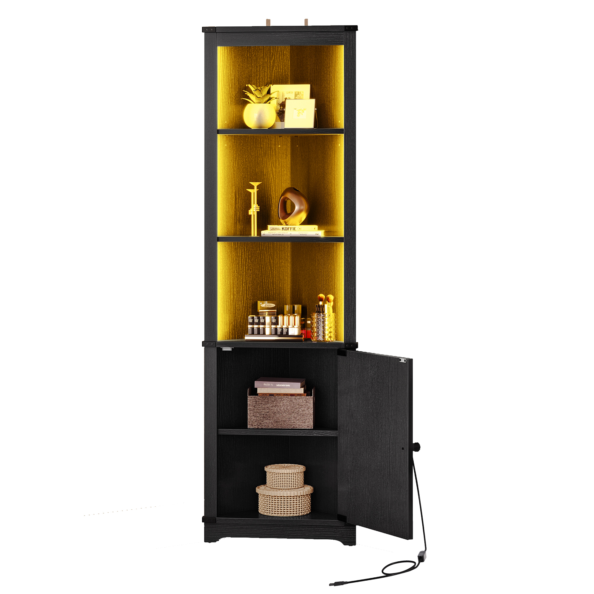 LED 5 Tier Corner Bookcase Display BookShelf Cabinet Barn Door Adjustable Shelf - Picture 23 of 23