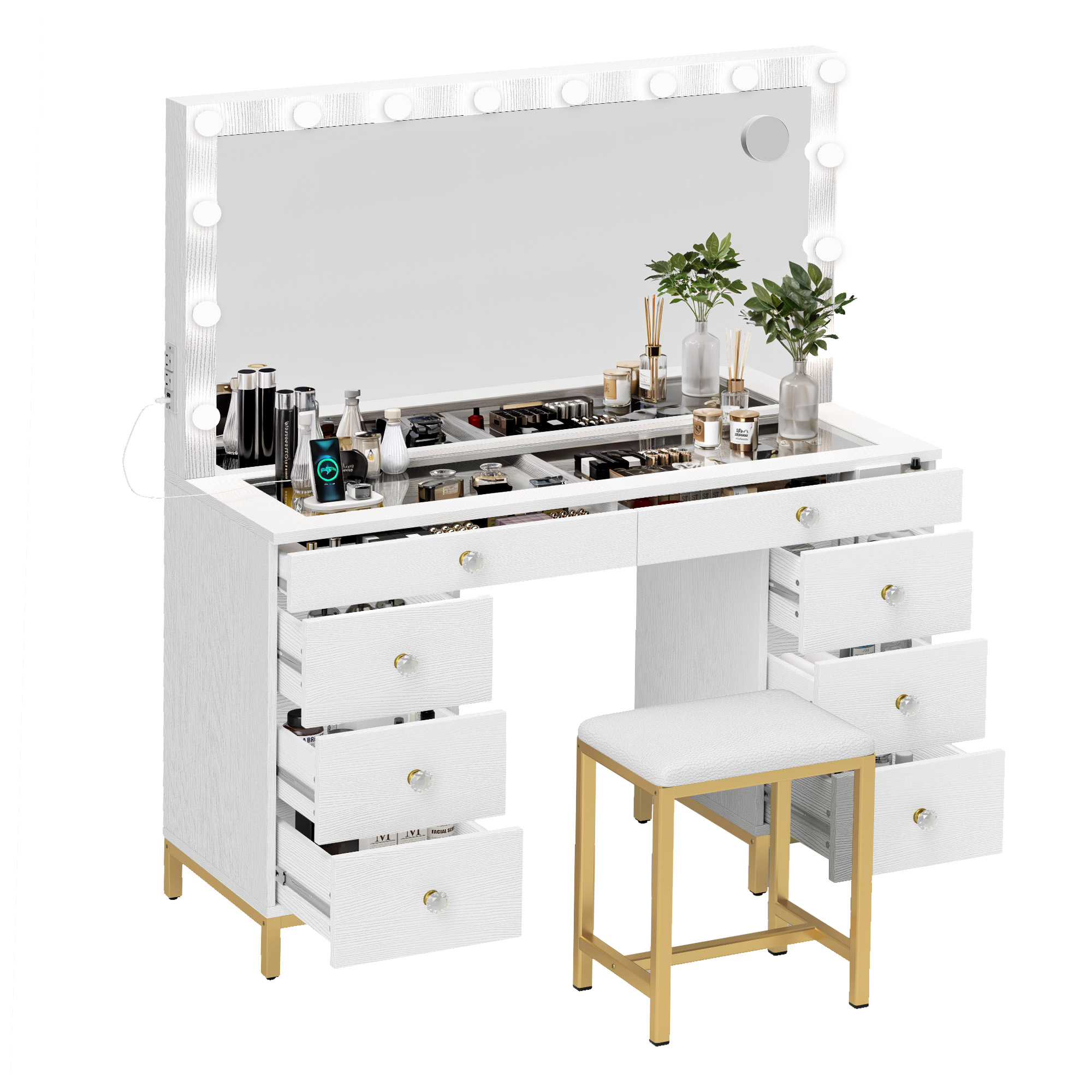 Vanity Makeup Table Set Dressing Desk With 14 LED Lighted Mirror & 8 Drawers - Picture 21 of 22