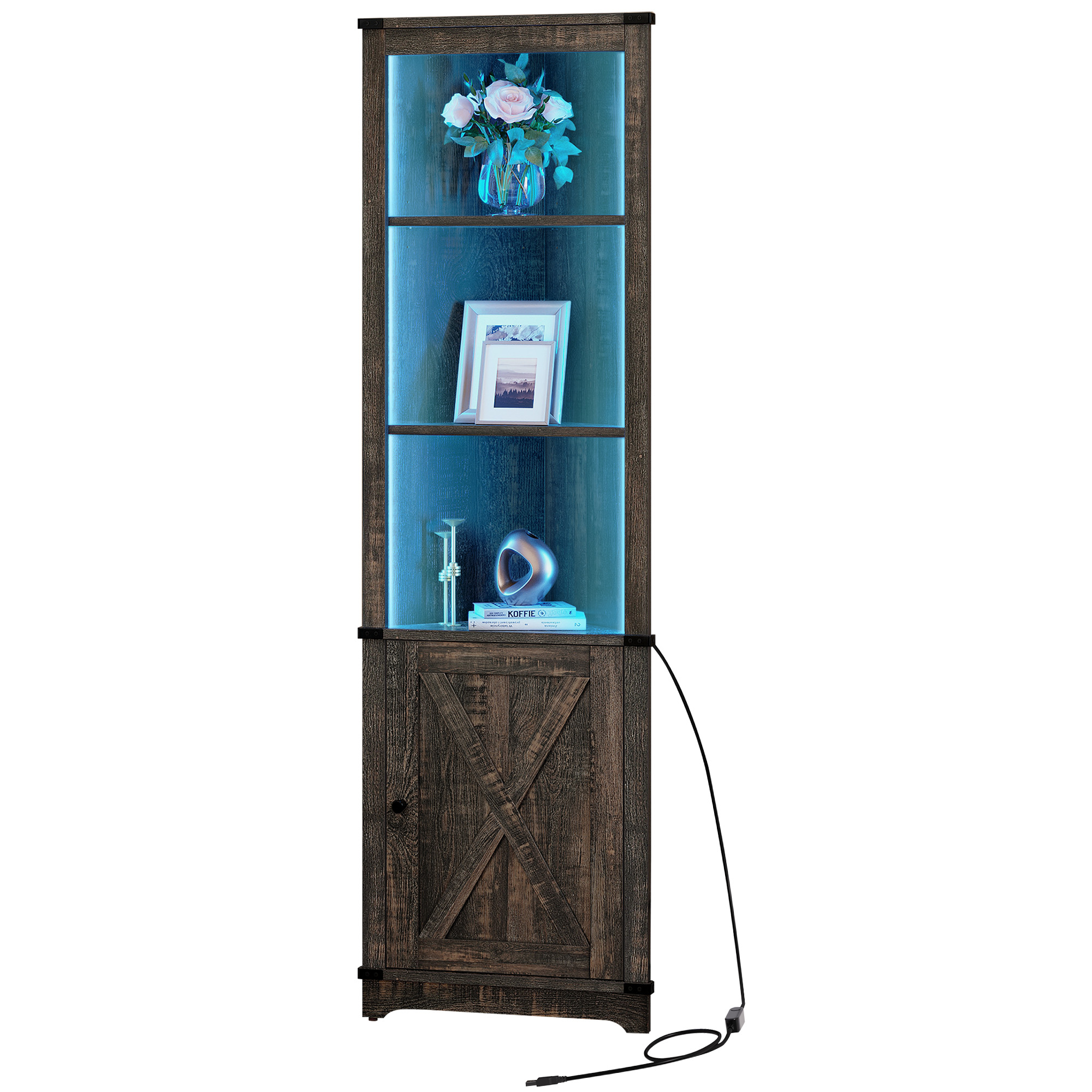 LED 5 Tier Corner Bookcase Display BookShelf Cabinet Barn Door Adjustable Shelf - Picture 22 of 23
