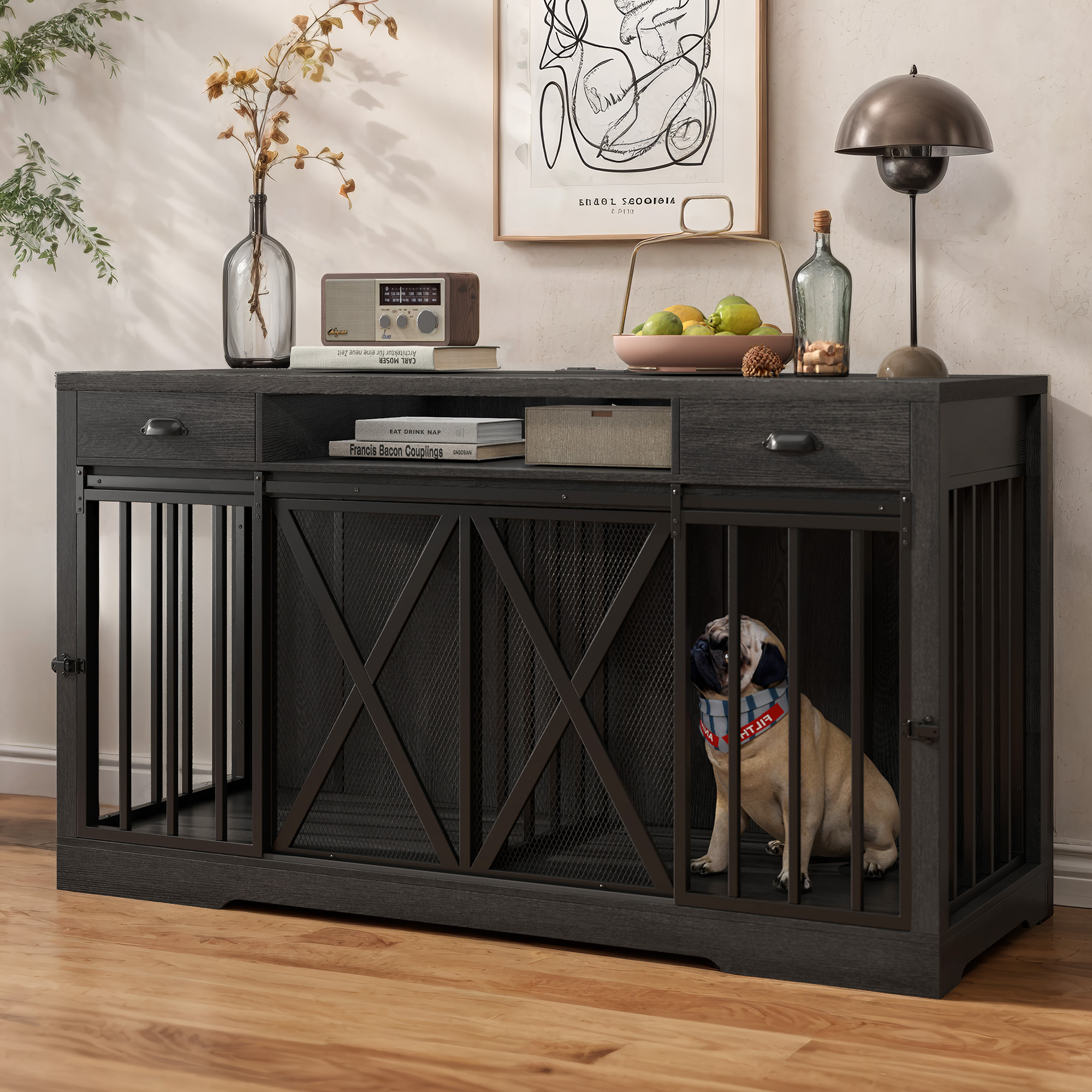 MAHANCRIS Large Dog Crate Furniture For Dogs, Dog Kennel Indoor With  Divider For Small Medium Dogs, Wooden Double Dog Cage TV