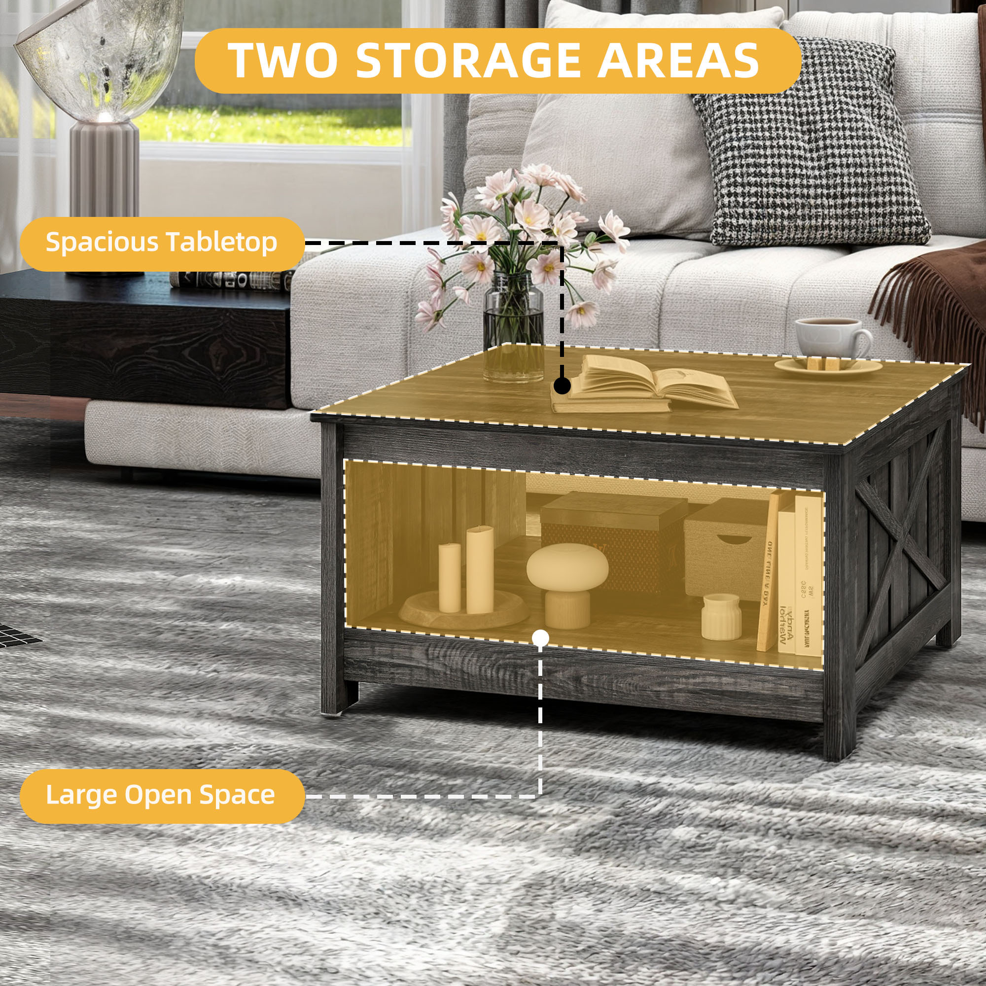 Dark Grey Farmhouse Coffee Table with Storage Living Room Square